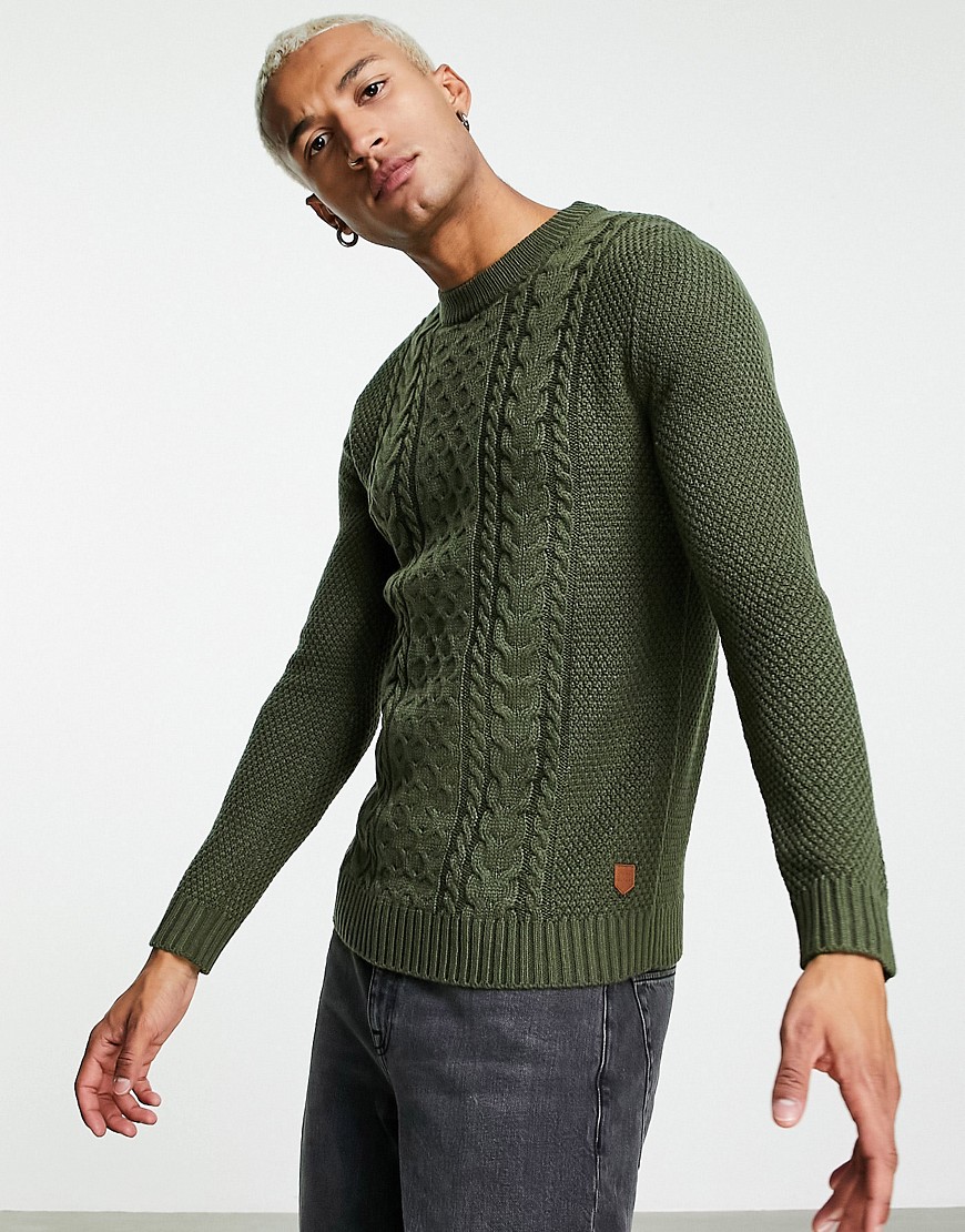 Jack & Jones Originals – Strickpullover mit Zopfmuster in Khaki-Grün günstig online kaufen