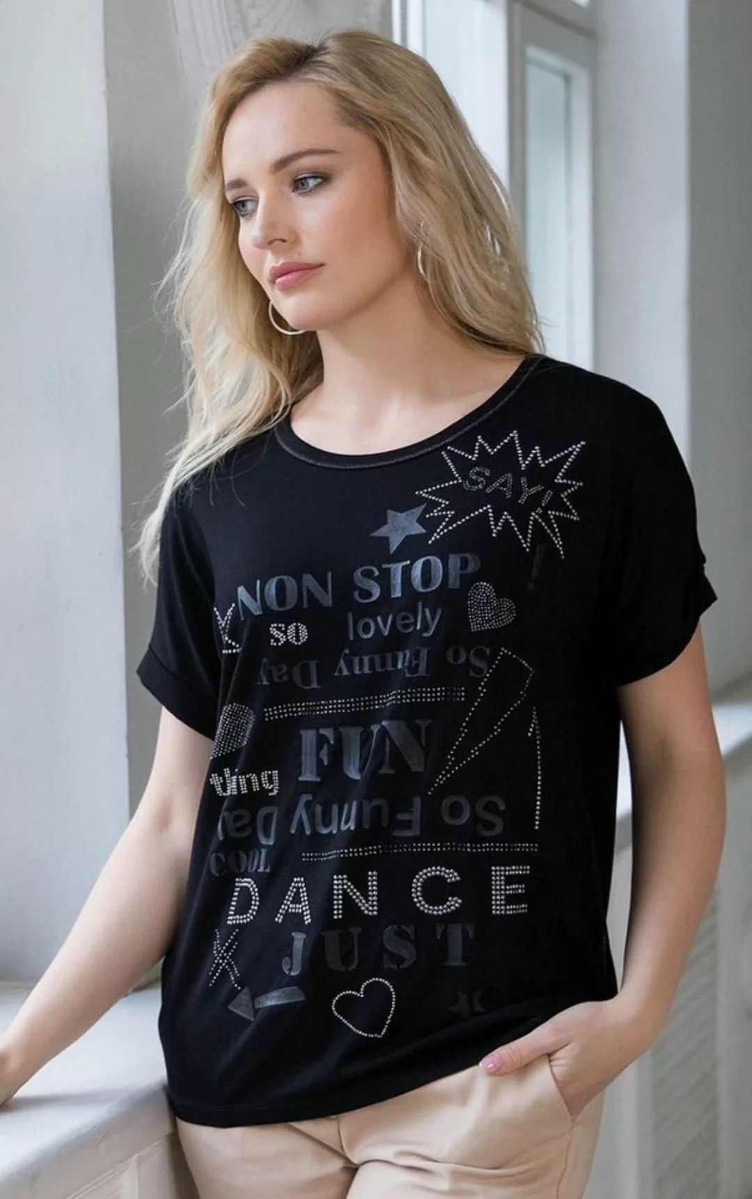 Passioni T-Shirt in Schwarz, mit Schriftzügen und Glitzersteinen geschmückt günstig online kaufen