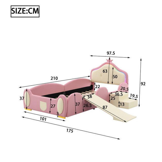 KoDise Kinderbett Kronenkopfteil mit LED-Streifen, Rutsche und Treppe, Rosa günstig online kaufen