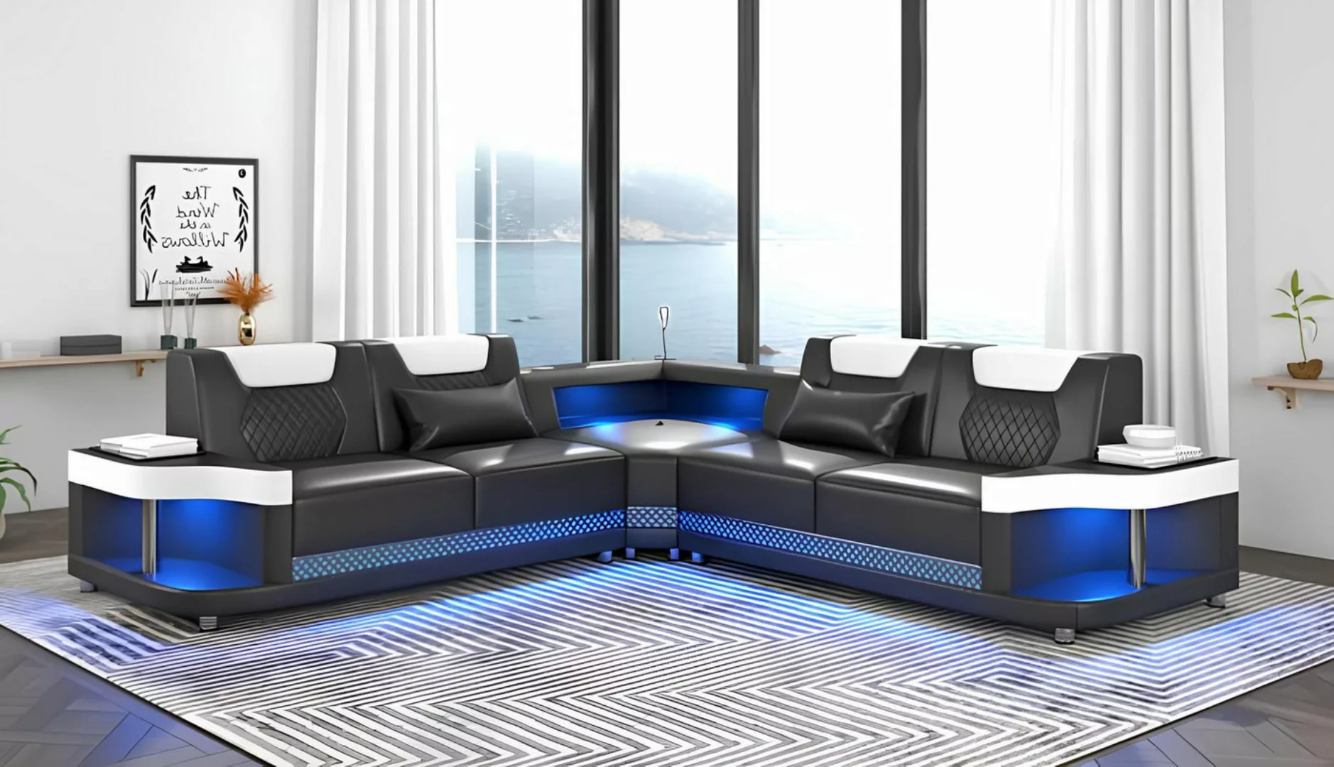 Xlmoebel Ecksofa Schwarzes Ledersofa in L-Form mit LED-Beleuchtung - modern günstig online kaufen