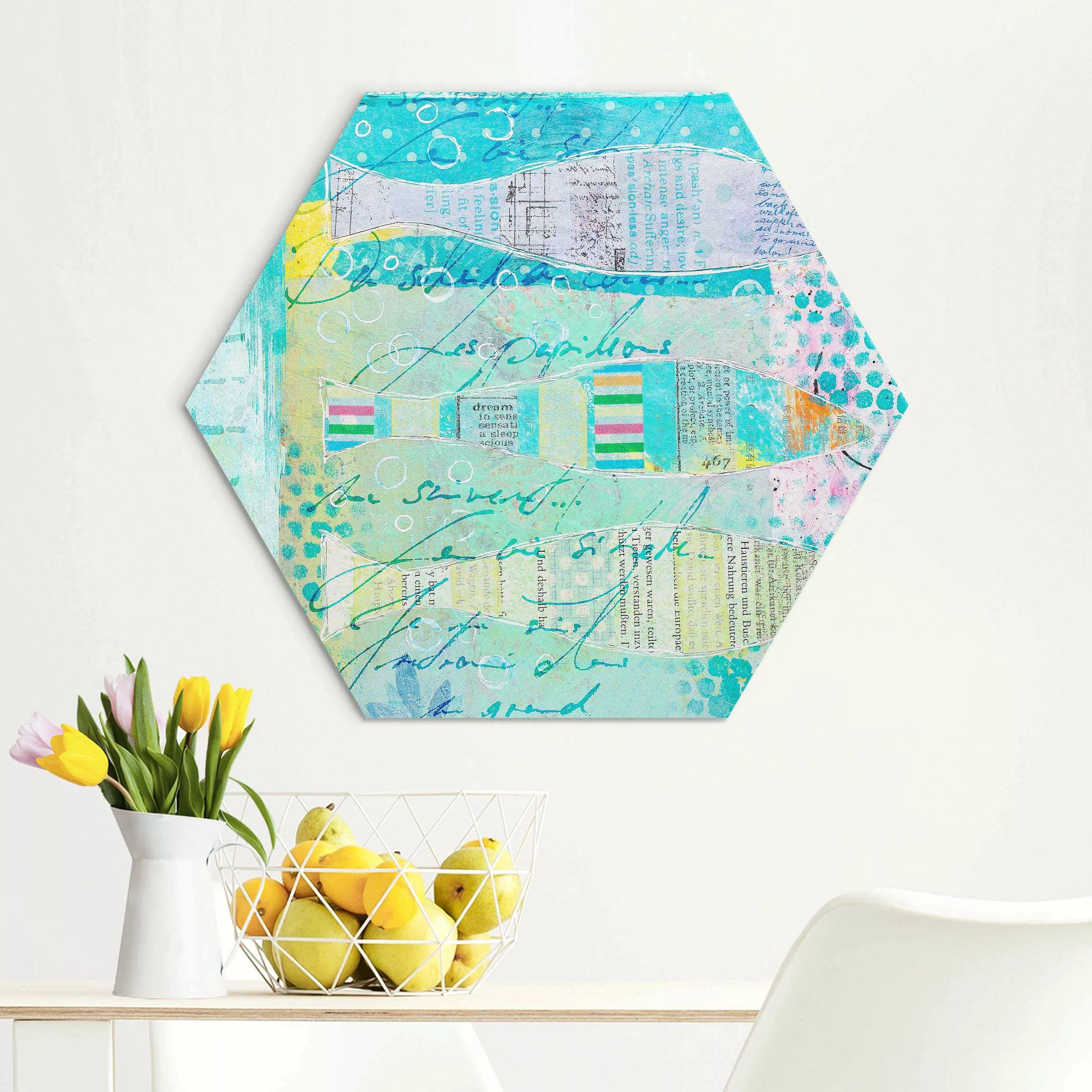 Hexagon-Alu-Dibond Bild Bunte Collage - Fische und Punkte günstig online kaufen