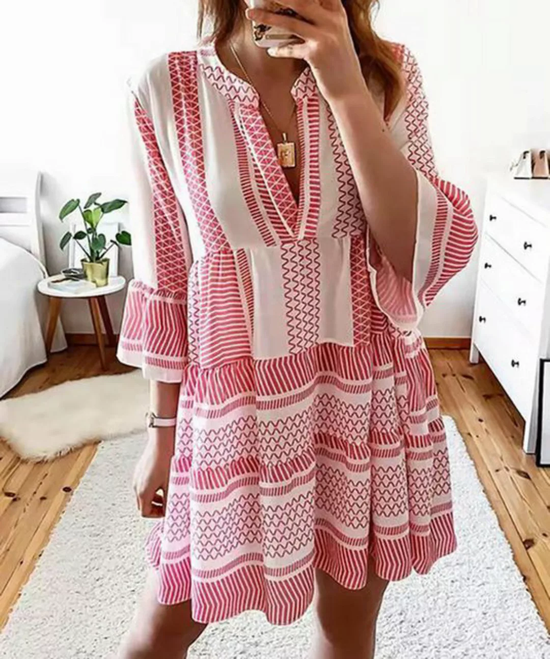 BlauWave Strandkleid Geometrischer Druck Candy Farbe V-Ausschnitt Kleid (1- günstig online kaufen