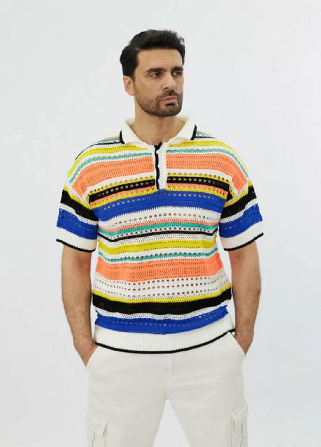 Denim House Poloshirt Herren Feinstrick Polo mit ausgefallenem Muster Beige günstig online kaufen