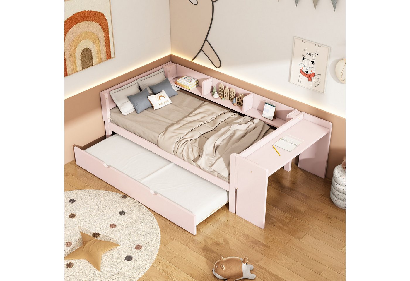 Gotagee Kinderbett Modern Flachbett 90x200cm Einzelbett mit Ausziehbett Sch günstig online kaufen