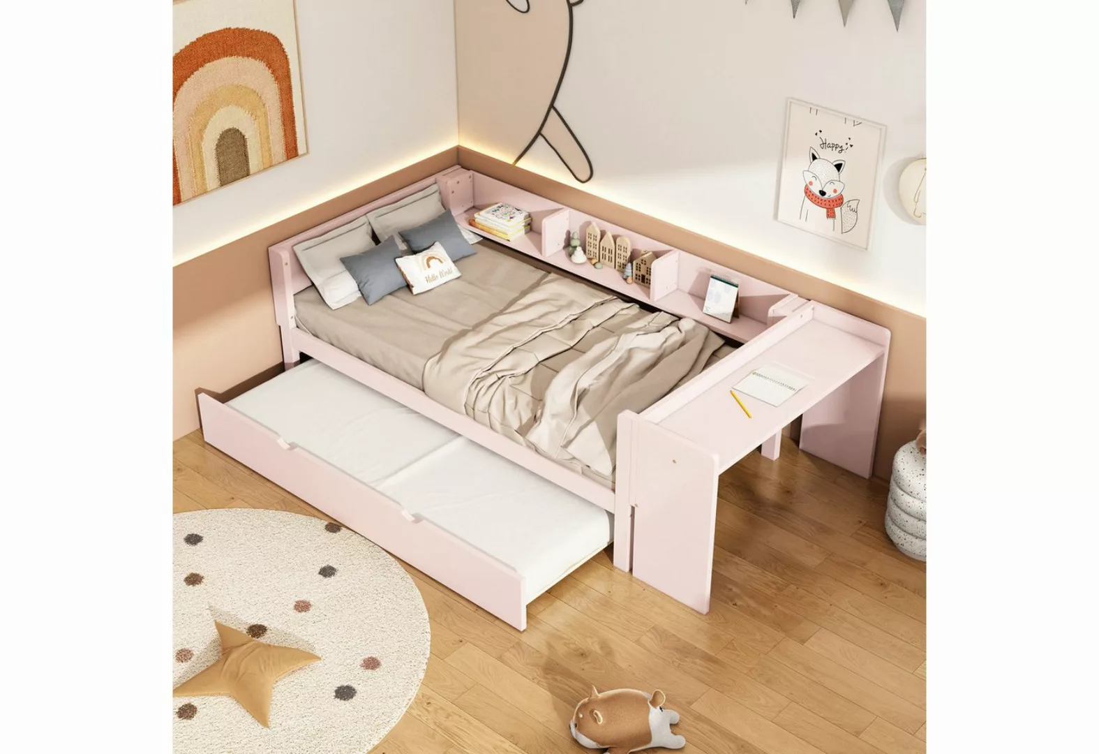 Gotagee Kinderbett Modern Flachbett 90x200cm Einzelbett mit Ausziehbett Sch günstig online kaufen