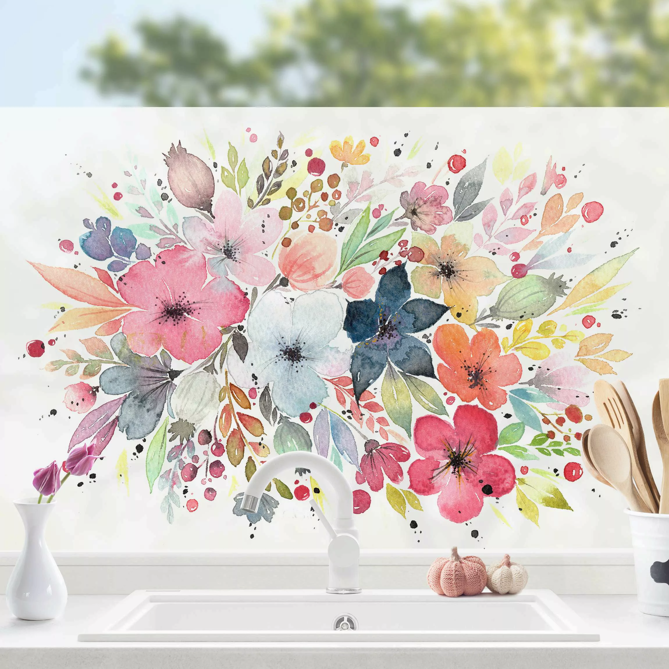 Fensterfolie Esther Meinl - Farbenfrohe Aquarell Blumen günstig online kaufen