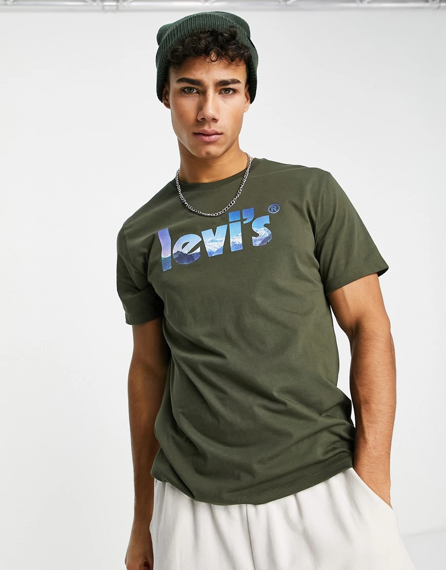 Levi's – T-Shirt in Grün mit Poster-Logo-Bergprint günstig online kaufen