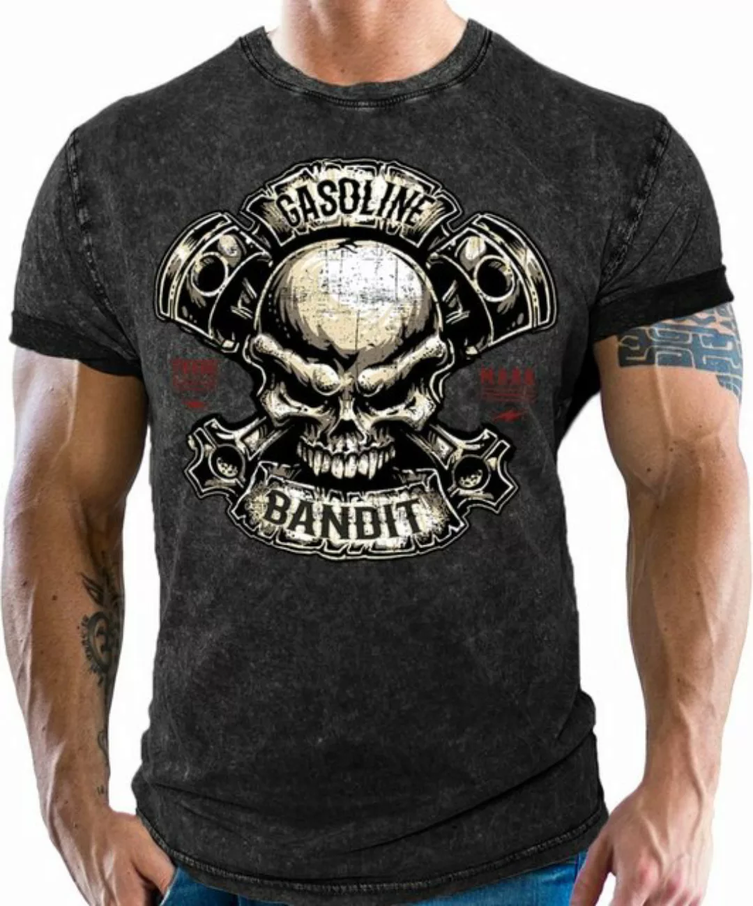 GASOLINE BANDIT® T-Shirt in washed black look für Biker Racer Fans: Piston günstig online kaufen