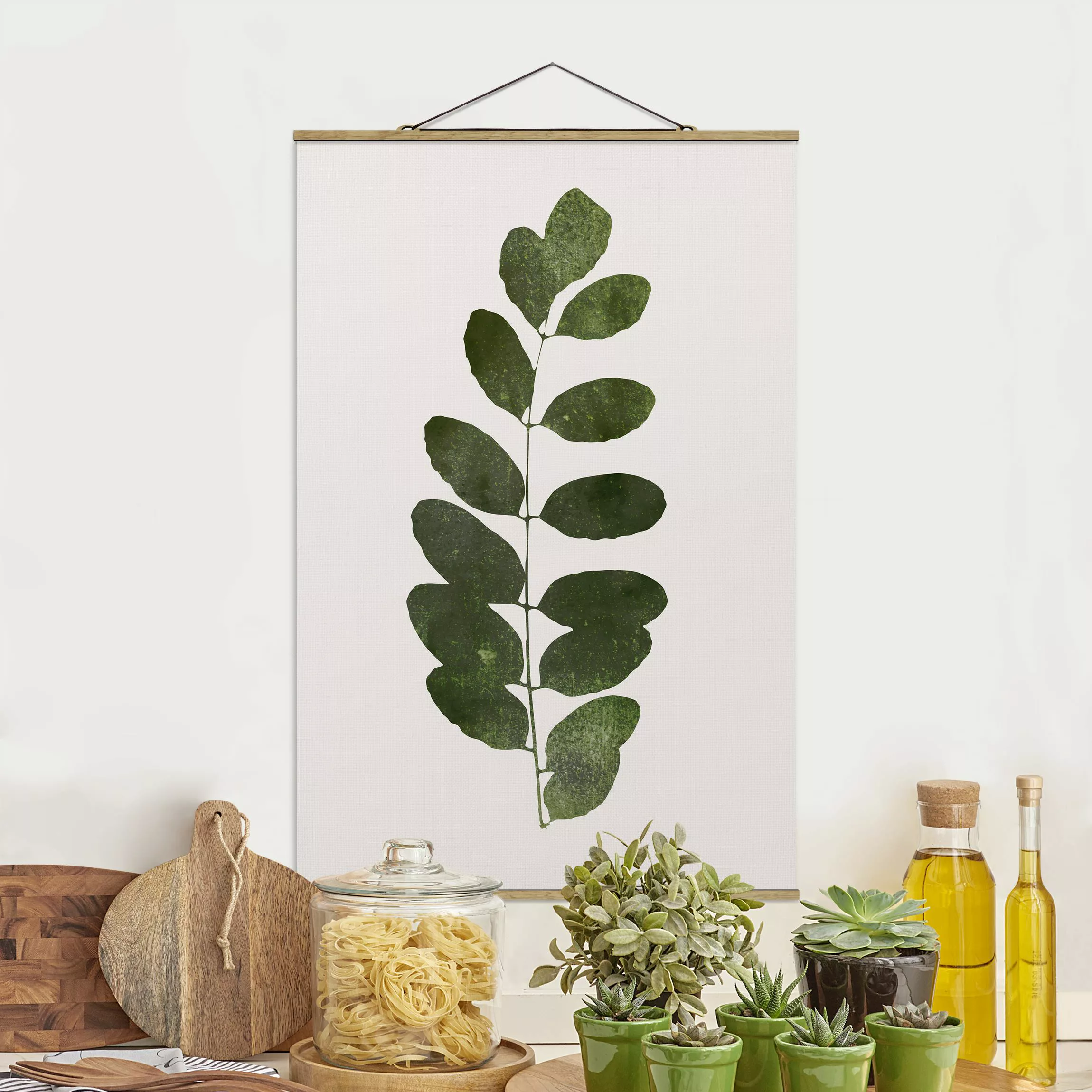 Stoffbild mit Posterleisten Grafische Pflanzenwelt - Dunkelgrün günstig online kaufen