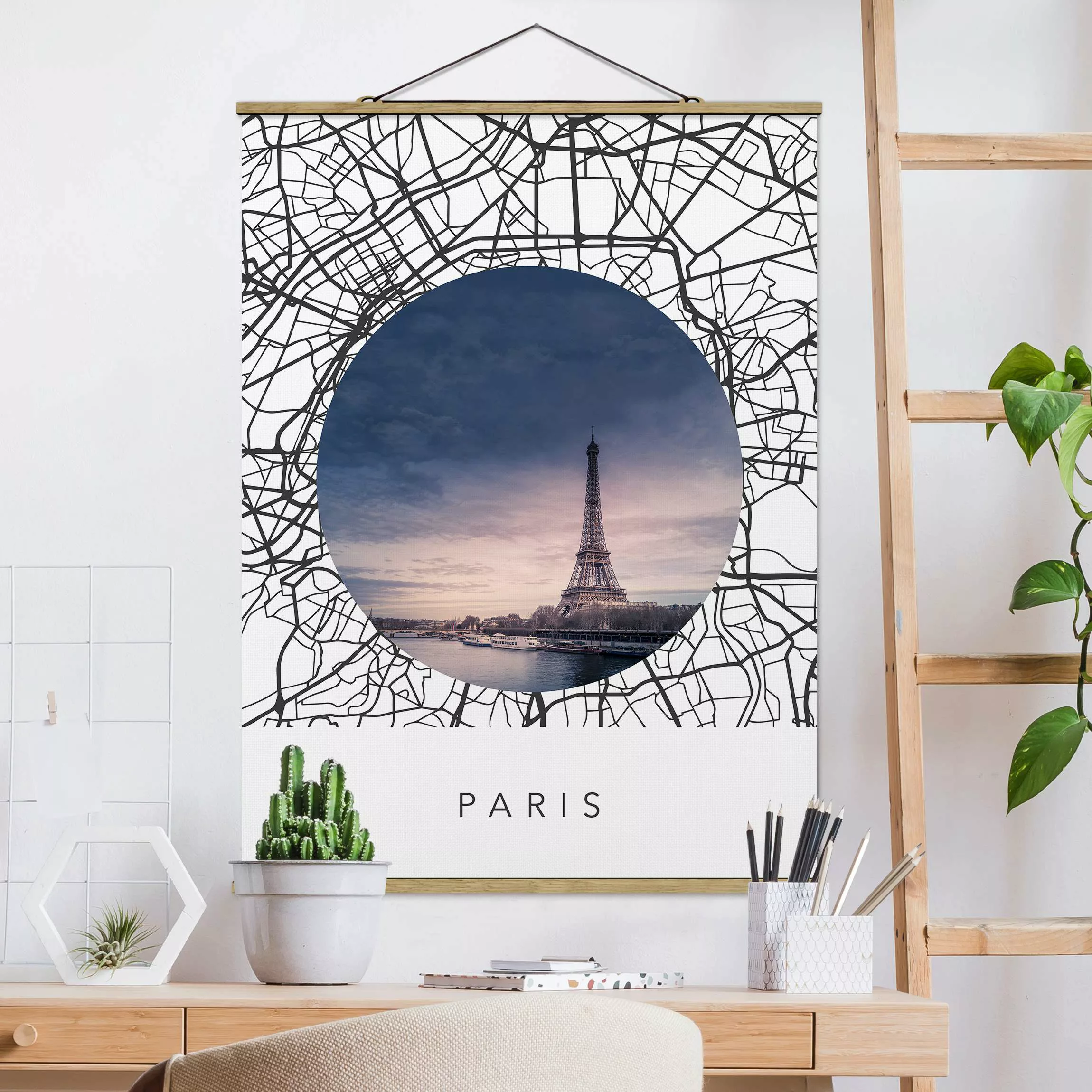 Stoffbild mit Posterleisten Stadtplan Collage Paris günstig online kaufen