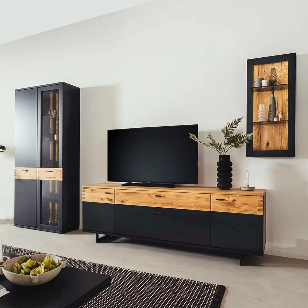 Wohnzimmerwand modern in Wildeichefarben Schwarzgrau (dreiteilig) günstig online kaufen