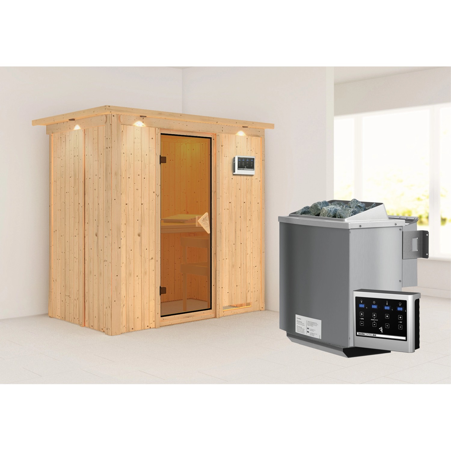 Karibu Sauna Vera + Bio-Ofen ext. Strg. Easy, Glastür Bronze, LED-Dachkranz günstig online kaufen
