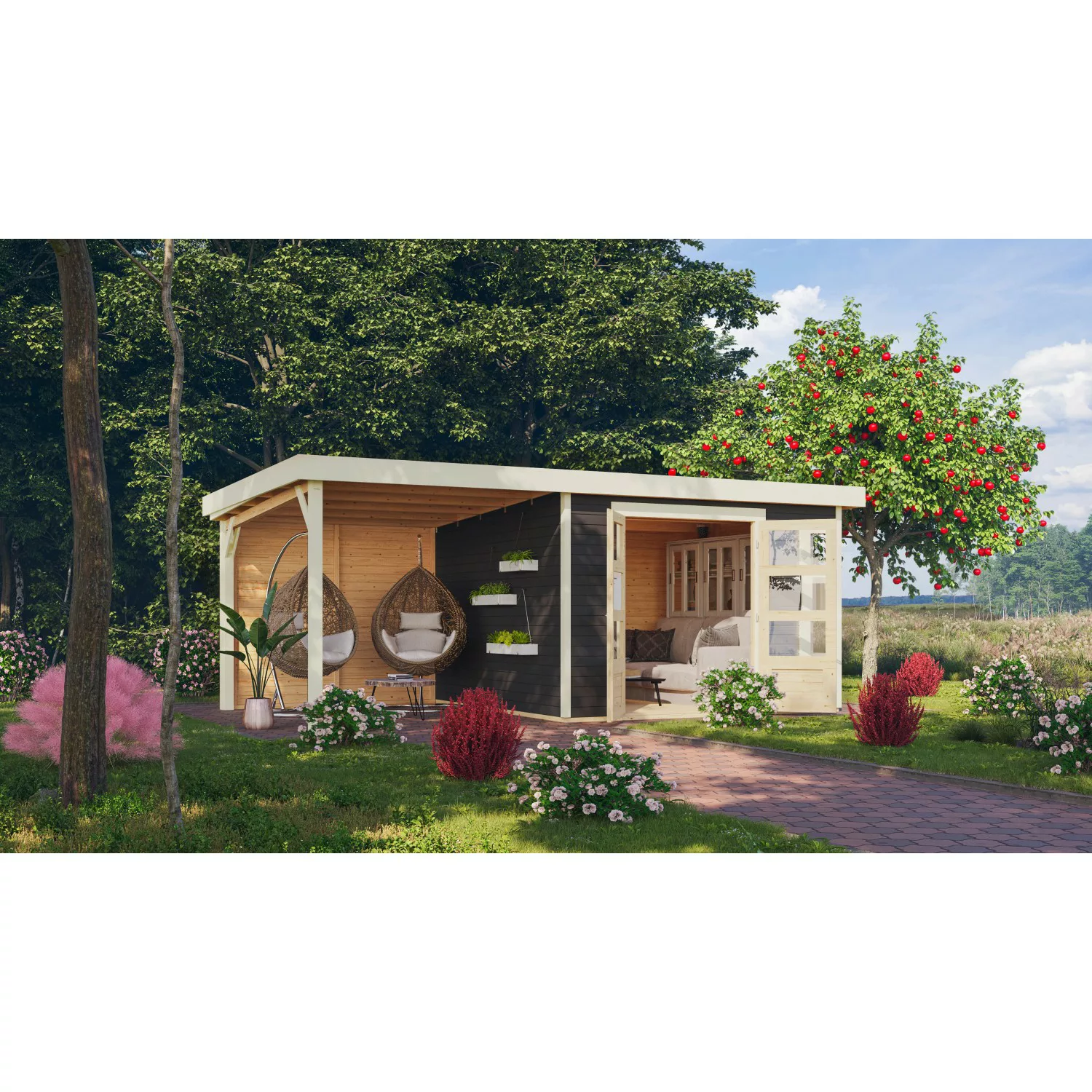 Karibu Gartenhaus/Gerätehaus Sölve 6 Terragrau 302 cm x 306 cm mit Anbaudac günstig online kaufen