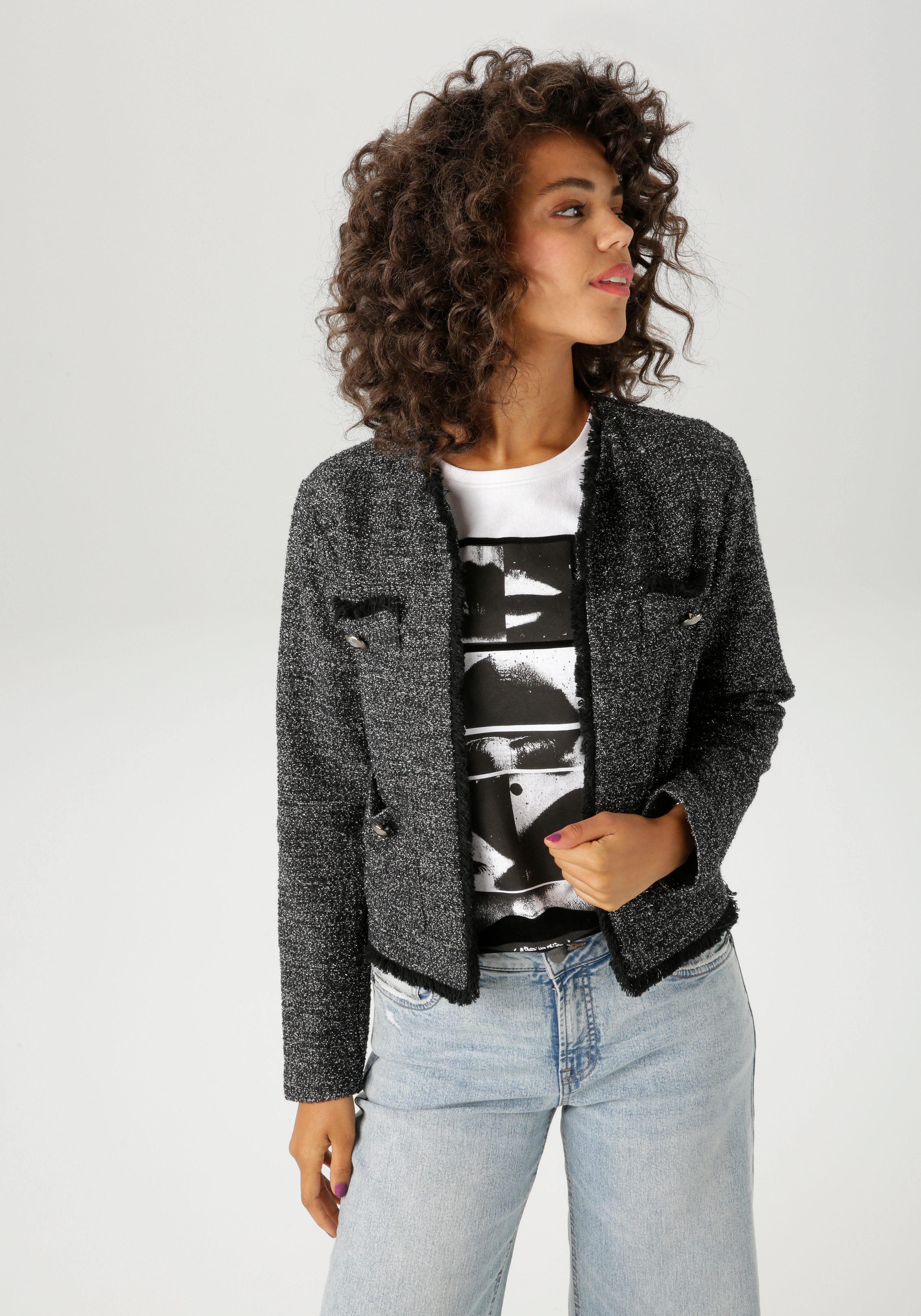 Aniston CASUAL Kurzblazer, aus meliertem Bouclé-Jacquard mit Glanzfäden - N günstig online kaufen