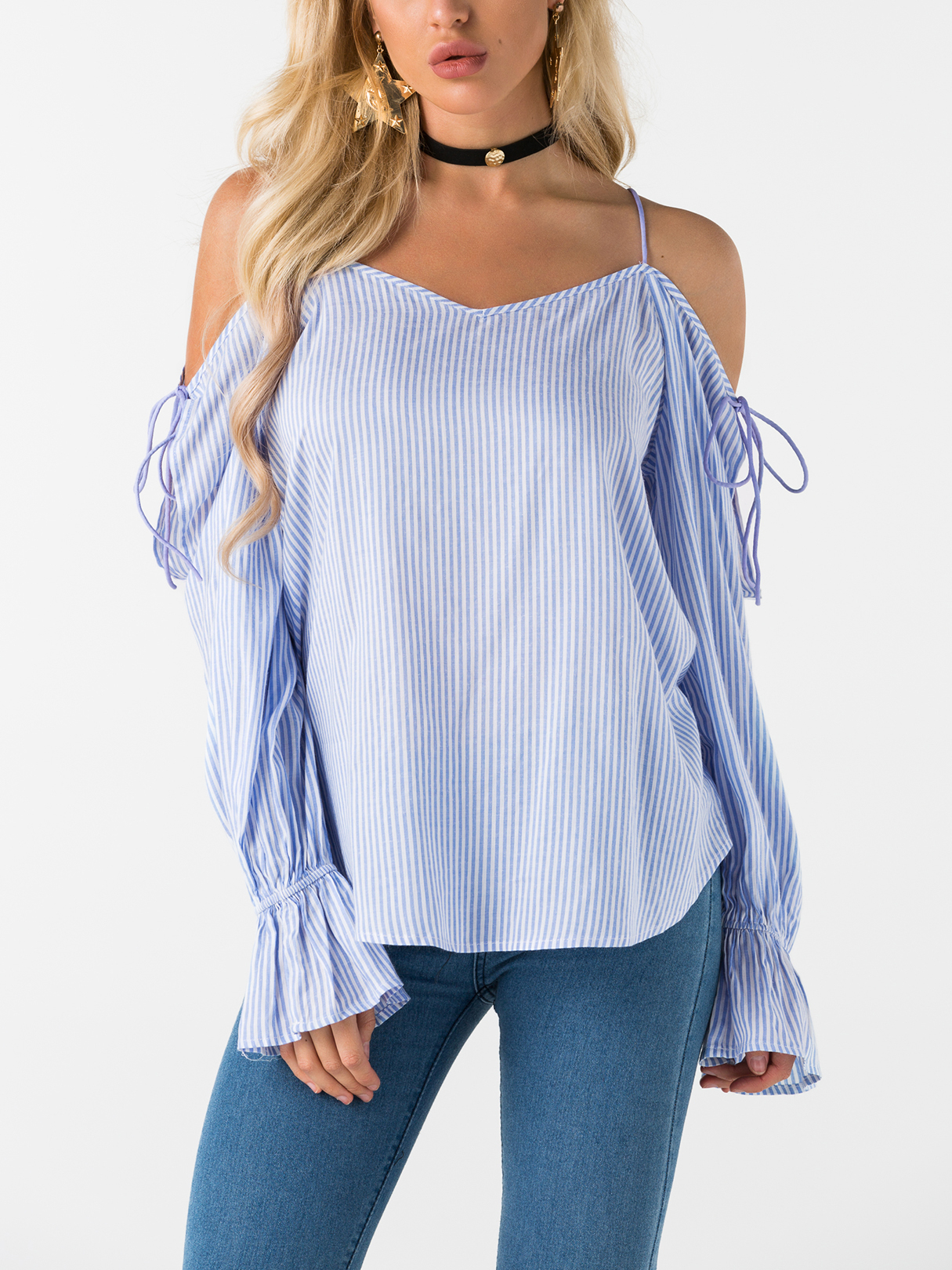 Blaue Chiffon-Bluse mit kaltem Schulter-Schnürung und V-Ausschnitt günstig online kaufen