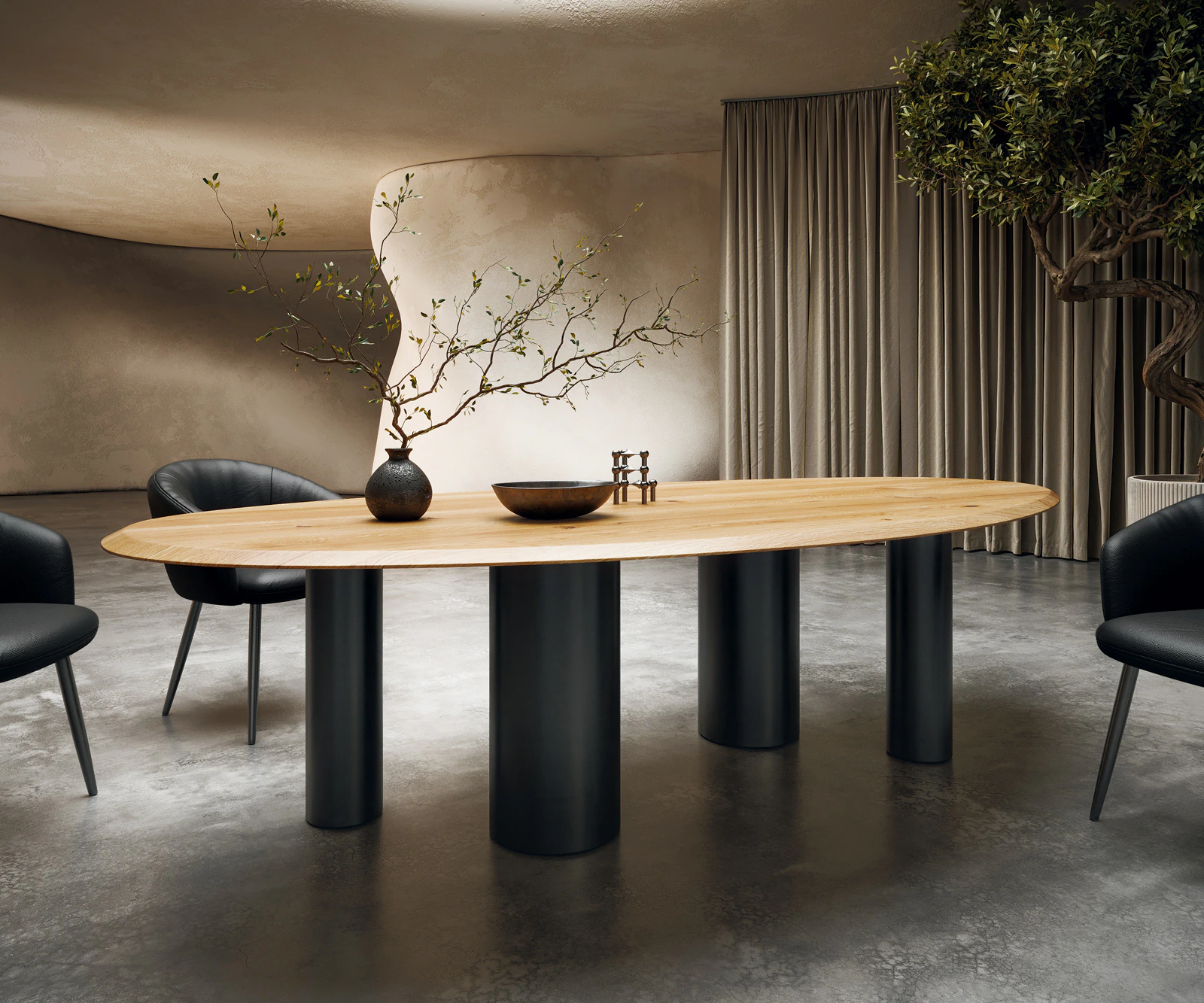 Esstisch Edge Oval 280x130x2,5 Eiche Natur Pilier Metall Schwarz Flow-Edge günstig online kaufen