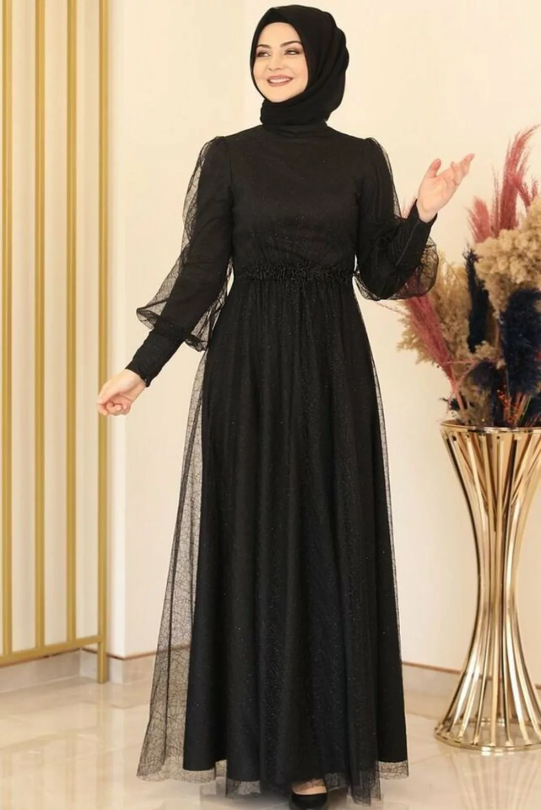 fashionshowcase Abendkleid silbriges Tüllkleid Abiye Abaya Hijab Kleid Maxi günstig online kaufen