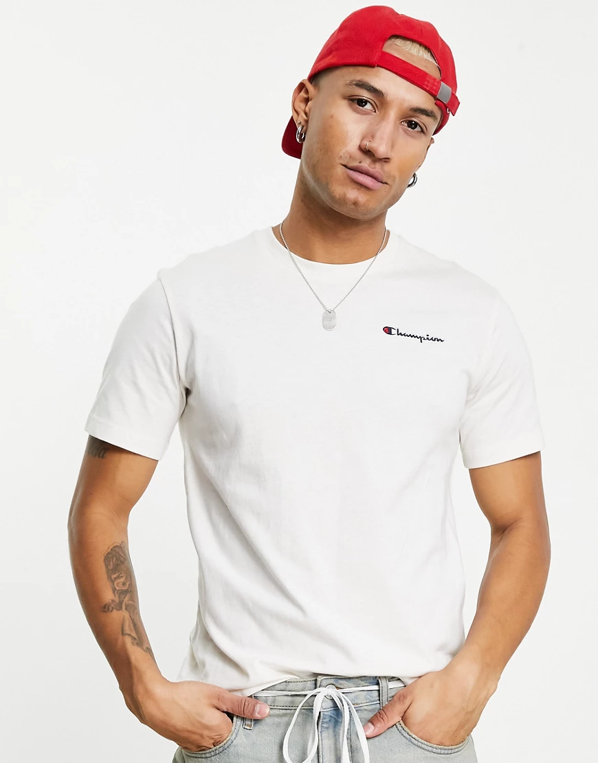 Champion – T-Shirt in Ecru mit kleinem Logo-Weiß günstig online kaufen