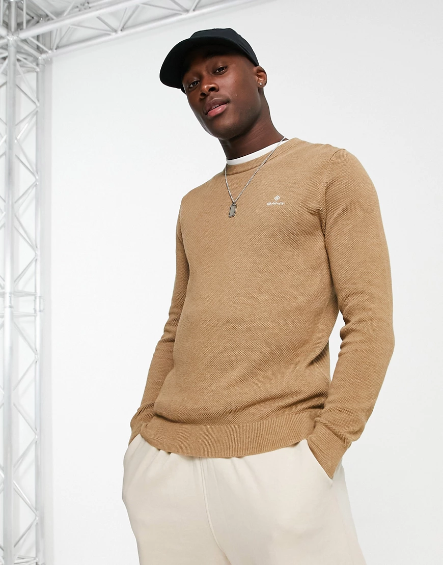 GANT – Strickpullover aus Pikee-Baumwolle in Sand meliert mit Wappenlogo-Ne günstig online kaufen