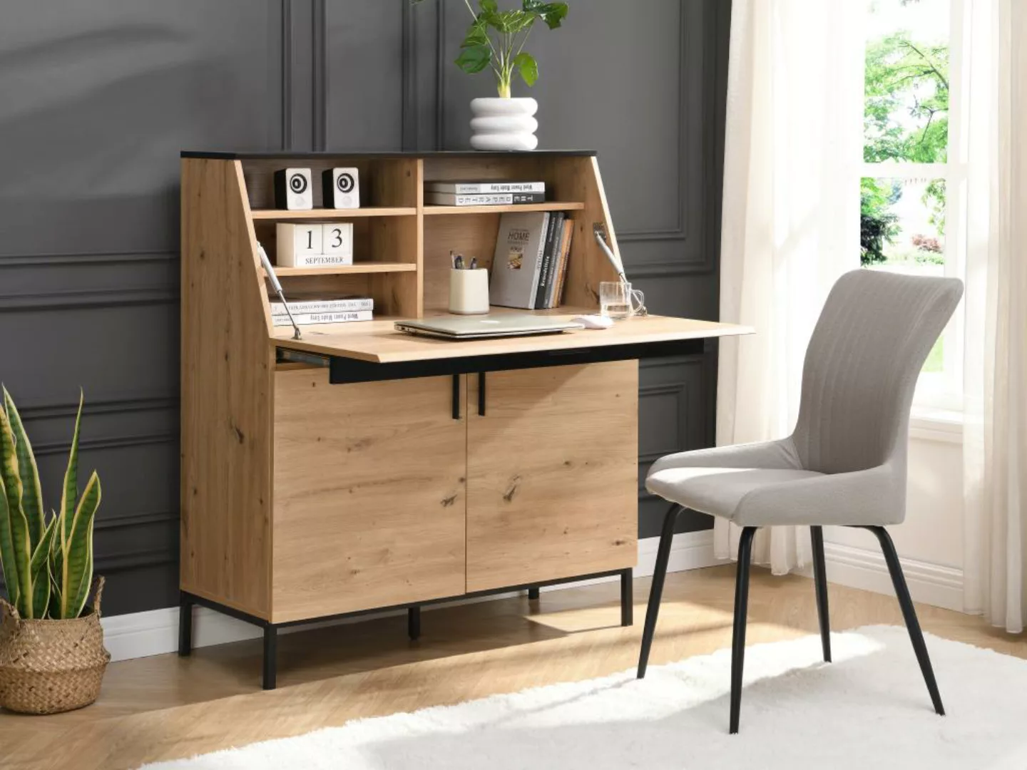 Schreibtisch mit 2 Türen - MDF - Naturfarben & Schwarz - MALEDA günstig online kaufen