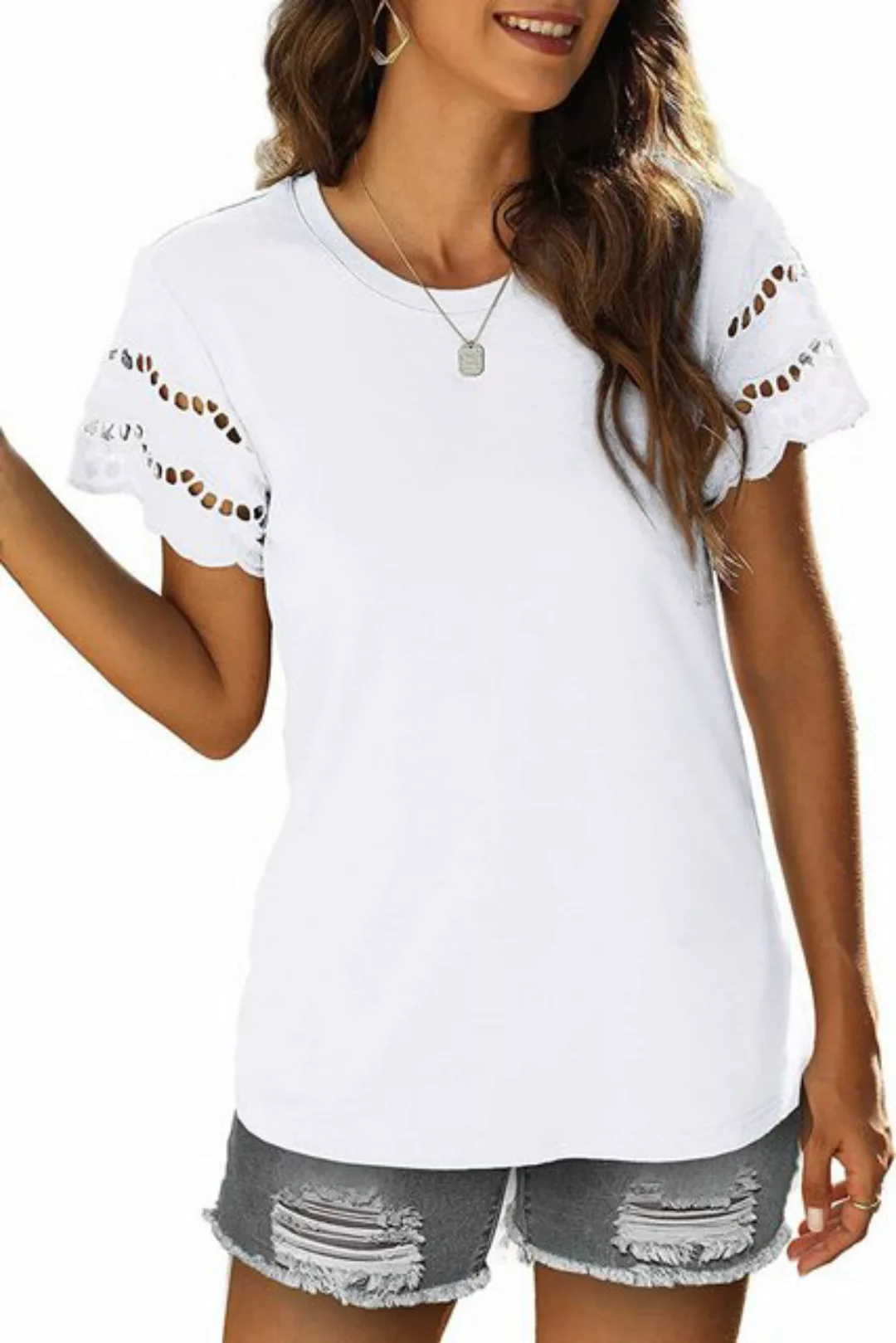 JDMGZSR Blusentop Einfarbiges, ausgehöhltes Damen-T-Shirt mit V-Ausschnitt günstig online kaufen