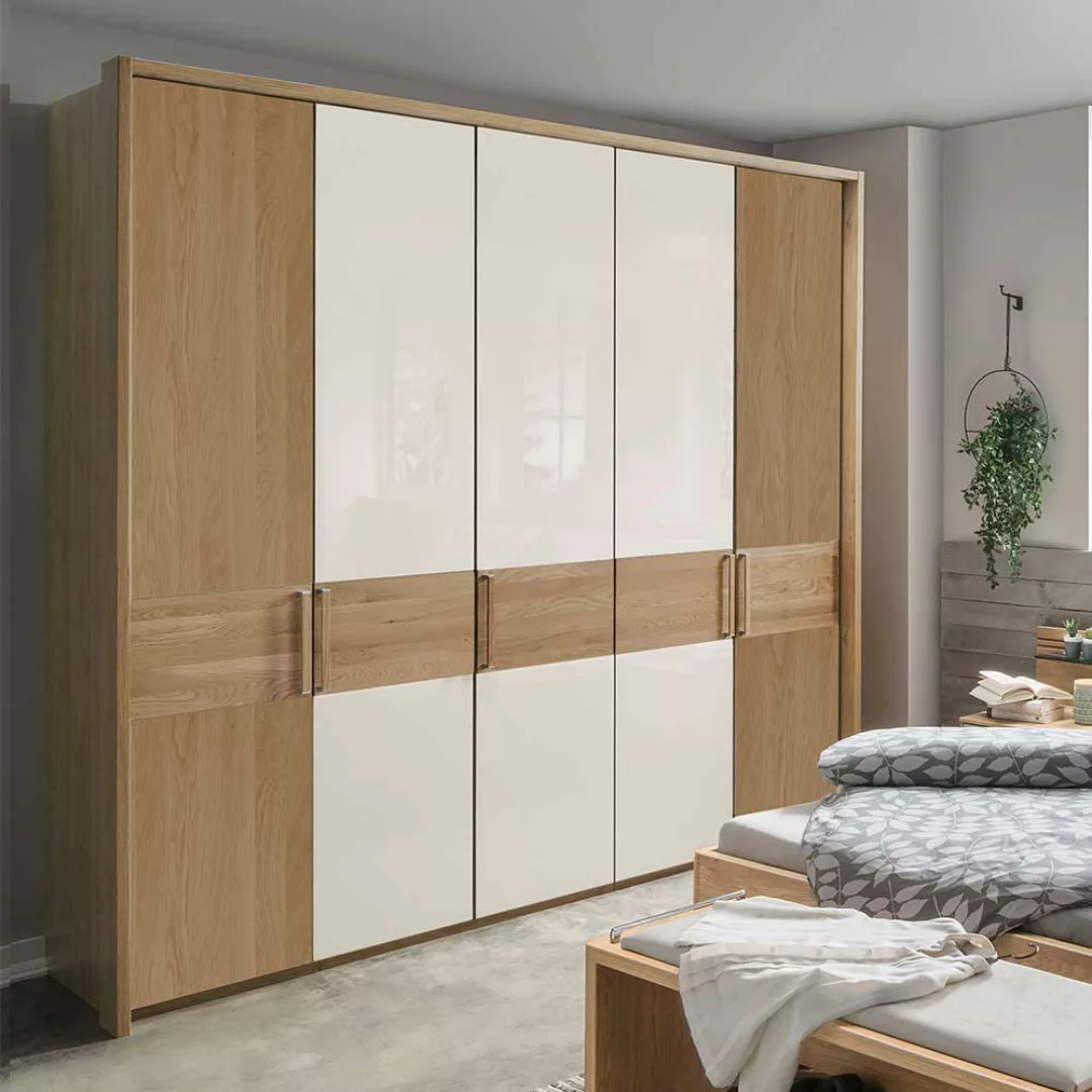 Drehtürenschrank in Beige Glas beschichtet Eiche Massivholz günstig online kaufen