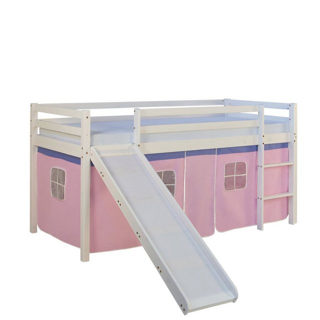 Homestyle4u Hochbett Kinderbett mit Leiter und Vorhang Weiß Rosa Holz Kiefe günstig online kaufen