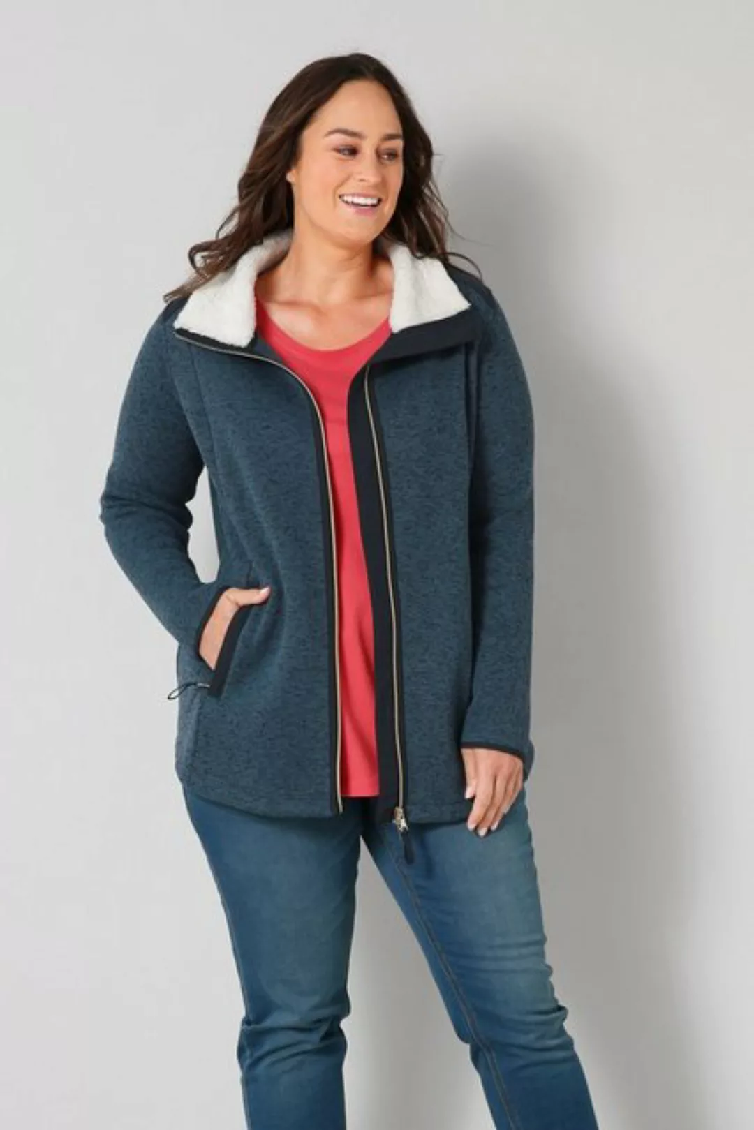 Janet & Joyce Strickjacke Strickfleece-Jacke Stehkragen mit Plüschfutter günstig online kaufen