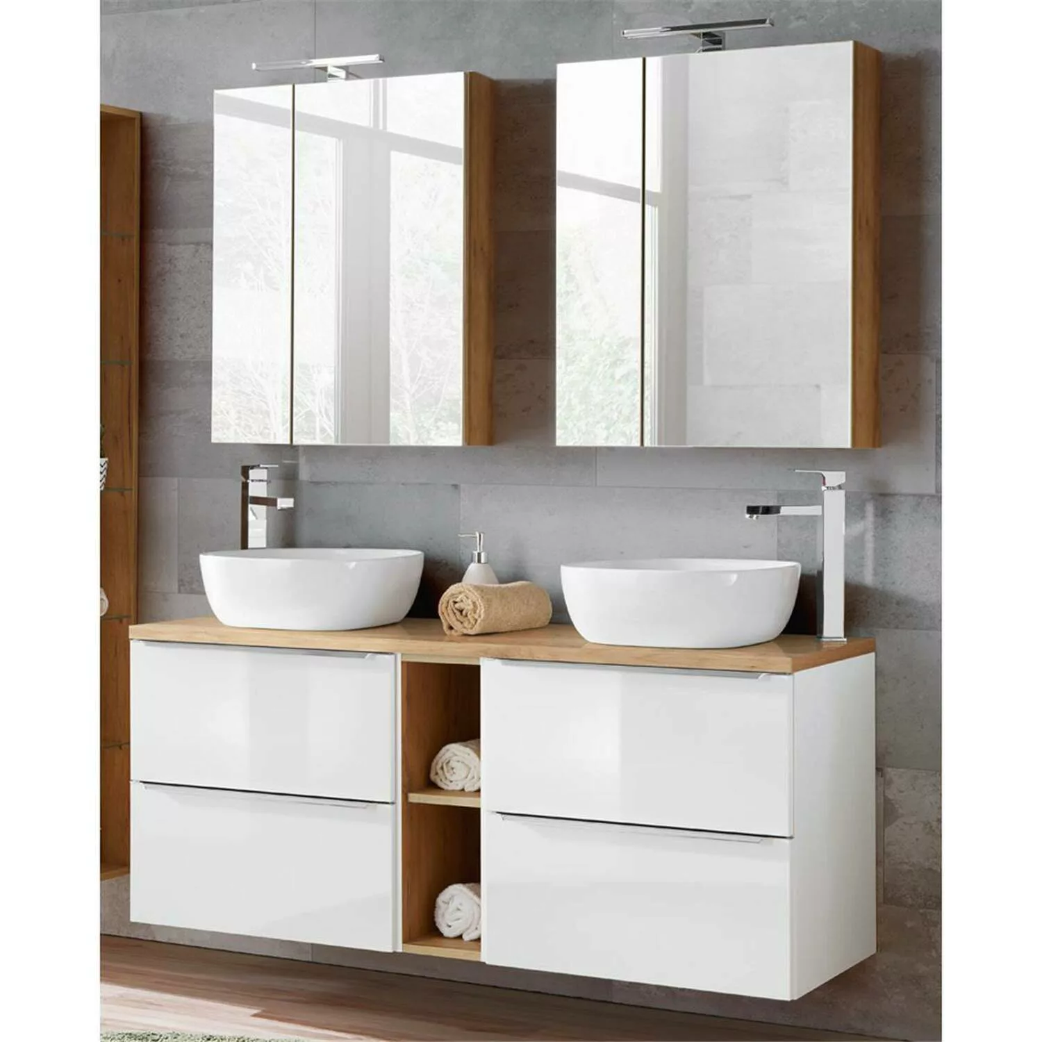 Lomadox Badezimmer Set mit 2 Keramik-Aufsatzwaschbecken und 2 Spiegelschrän günstig online kaufen