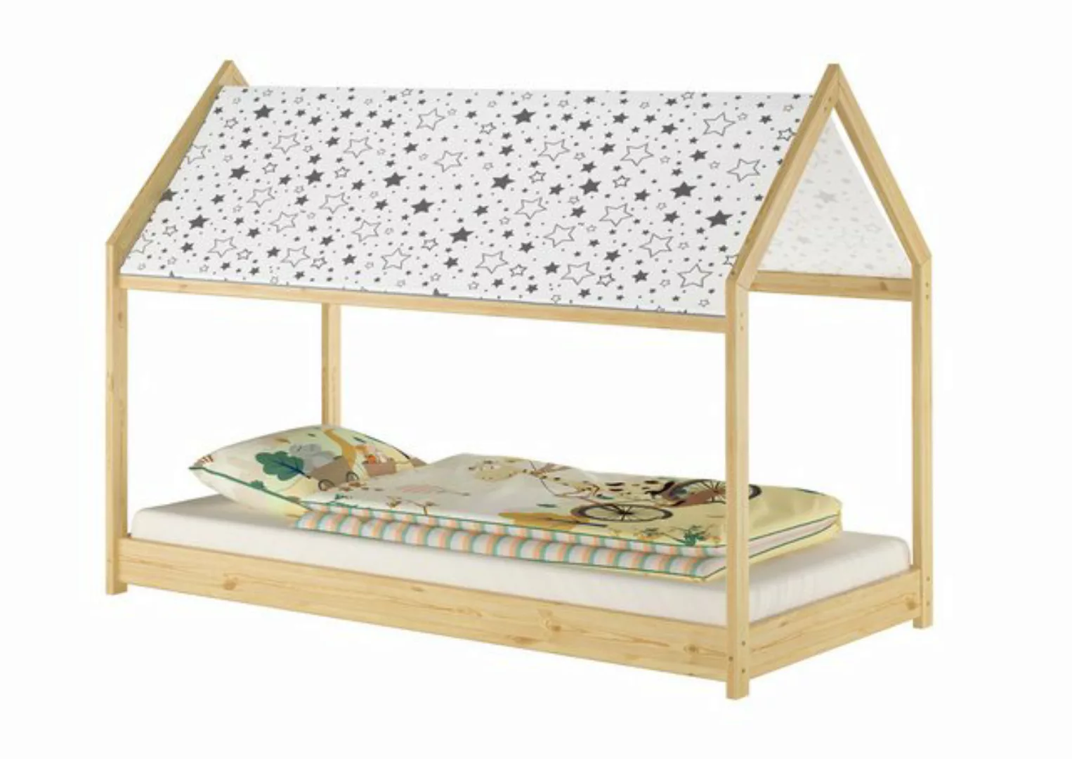 ERST-HOLZ Bett Hausbett mit Dach 90x200 Kiefer massiv Kinderbett niedrig, K günstig online kaufen