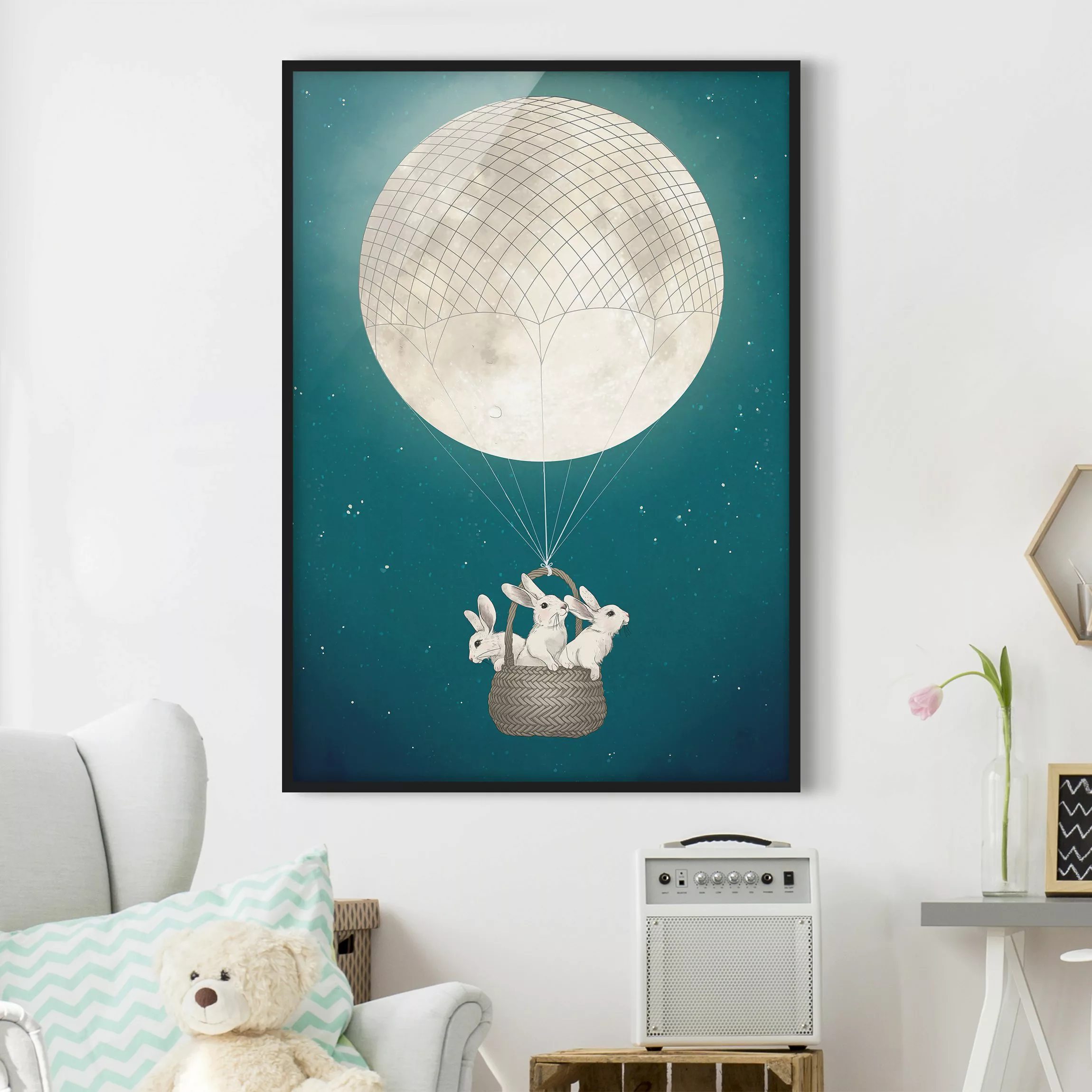 Bild mit Rahmen Tiere - Hochformat Illustration Hasen Mond-Heißluftballon S günstig online kaufen