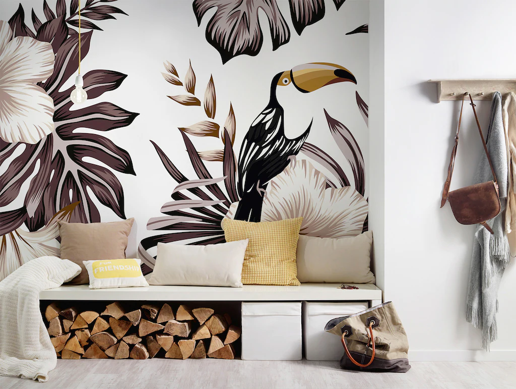 Fototapete Blumen Palmen Vögel Weiß Braun Weiß 3,50 m x 2,55 m FSC® günstig online kaufen