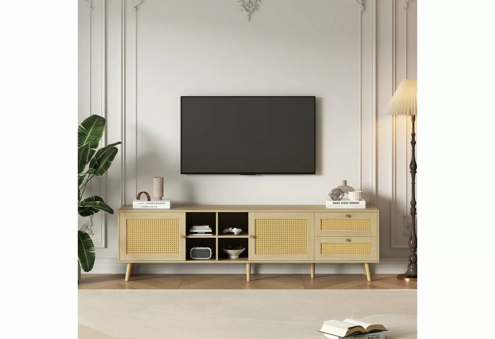 autolock TV-Schrank Stilvoller TV-Schrank aus Holz und Rattan - 180*40*55 c günstig online kaufen