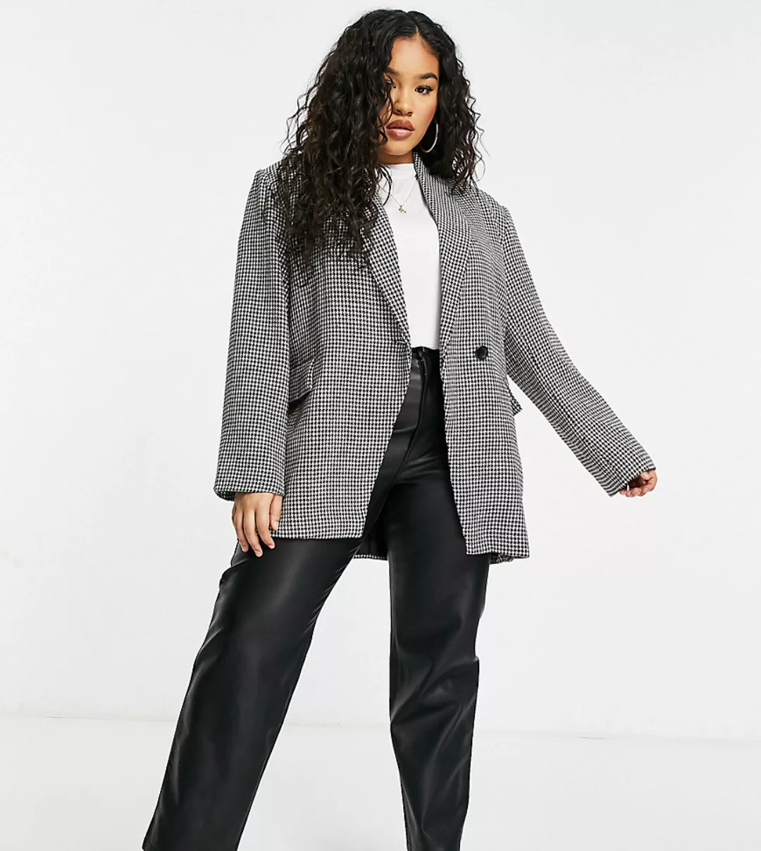 NaaNaa Plus – Longline-Jacke in Schwarz und Weiß mit Hahnentrittmuster günstig online kaufen