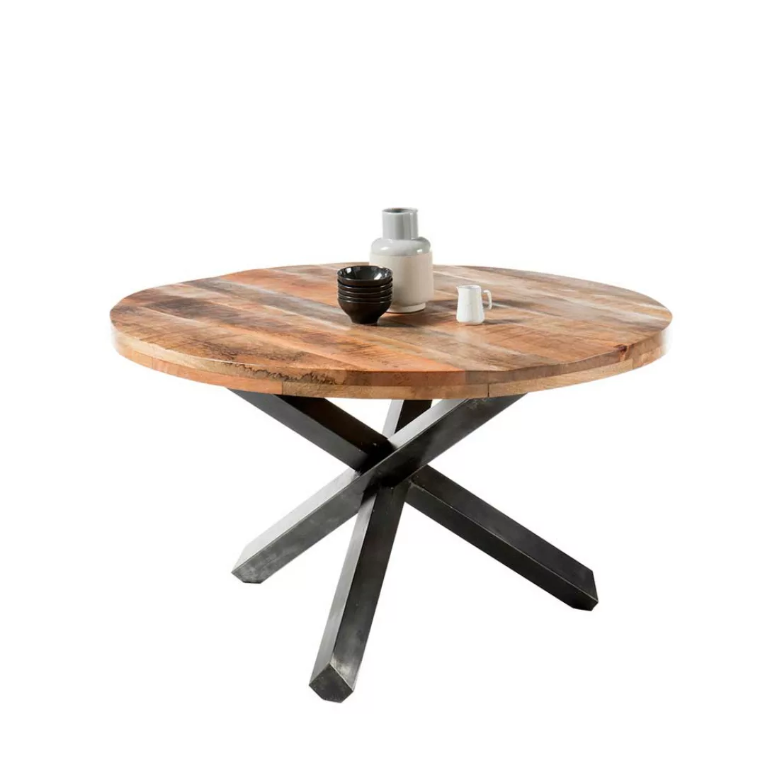 Runder Tisch aus Mangobaum Massivholz 3-Fußgestell aus Metall günstig online kaufen
