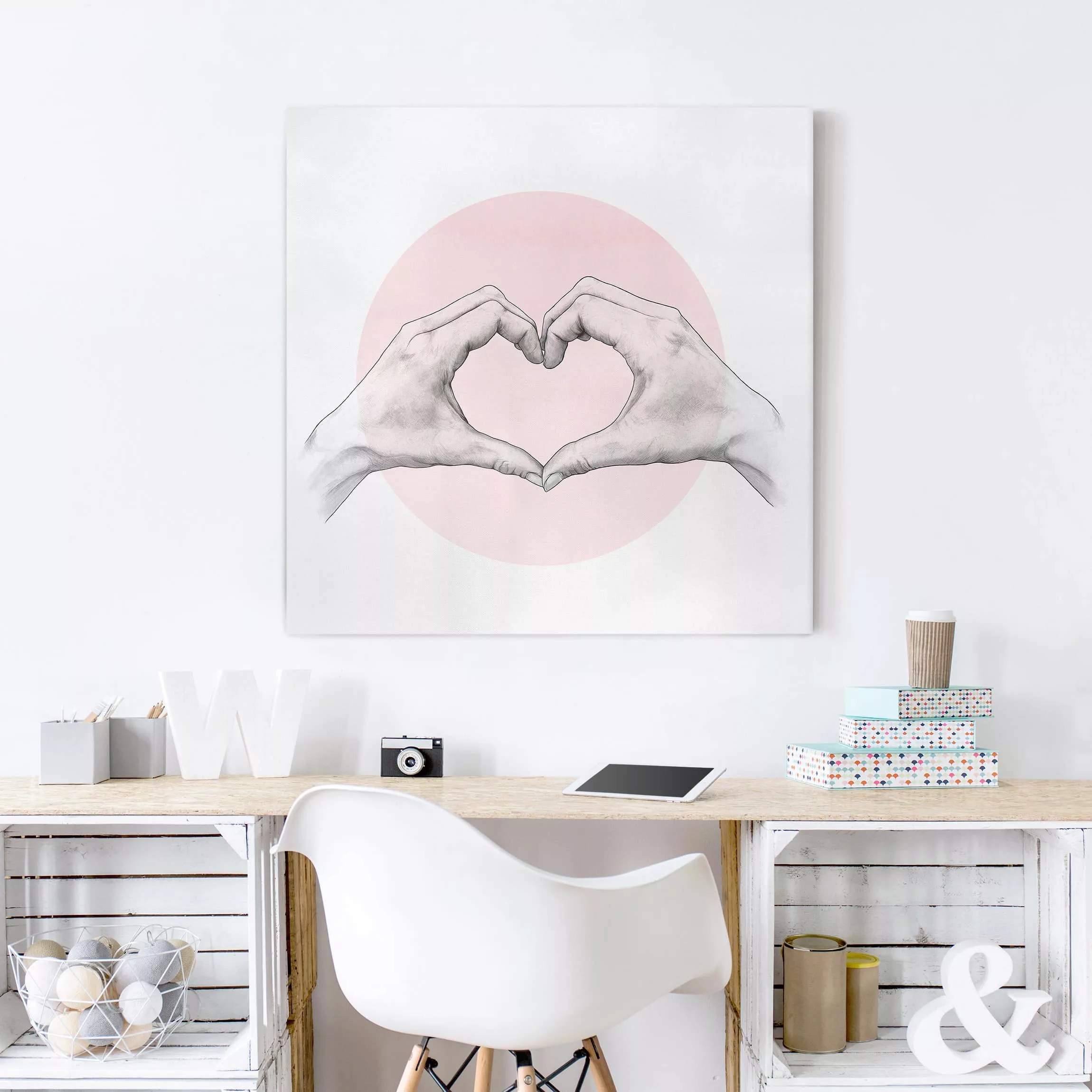 Leinwandbild Portrait - Quadrat Illustration Herz Hände Kreis Rosa Weiß günstig online kaufen