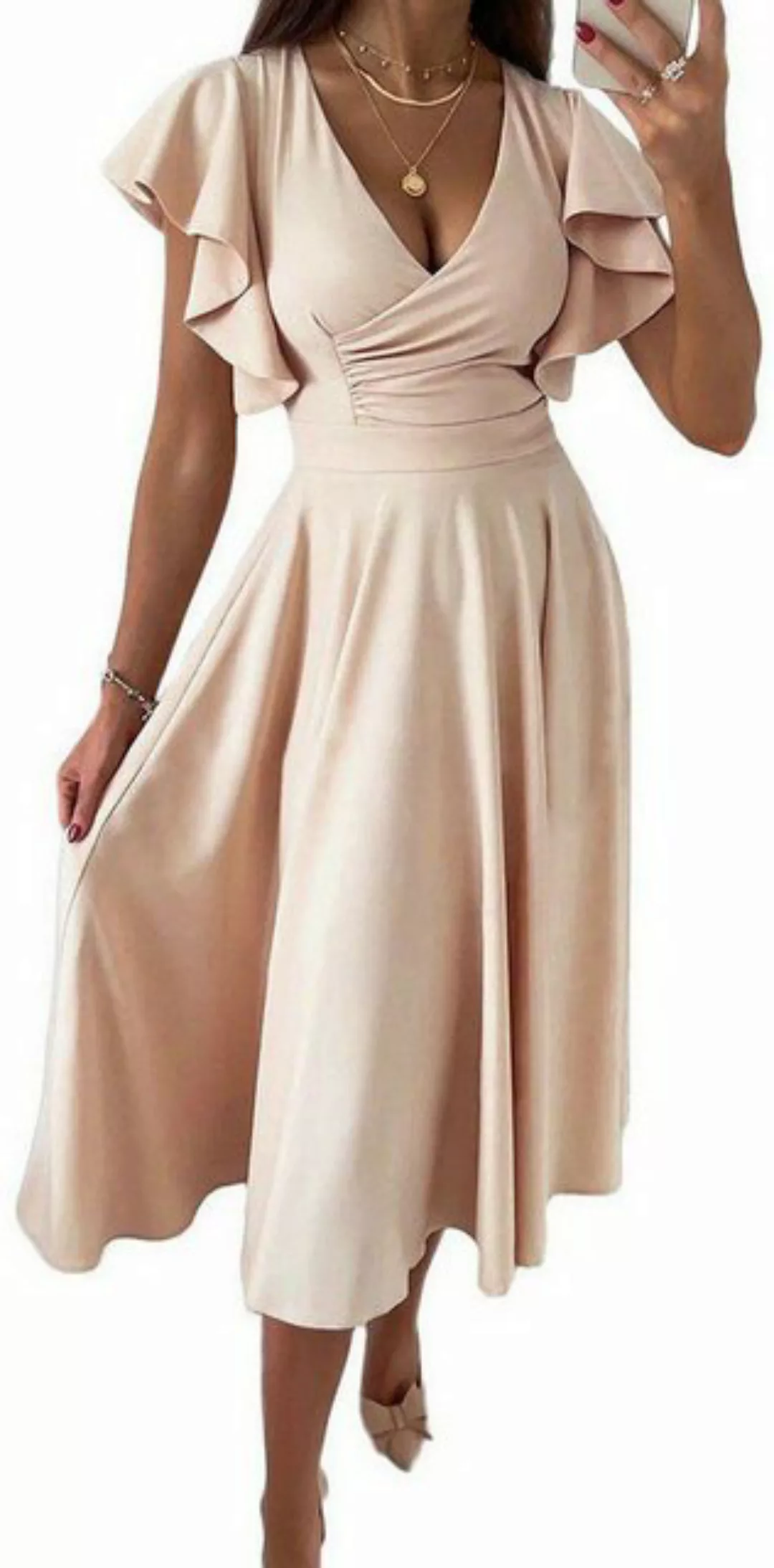 ZWY Midikleid Elegantes Kleid mit V-Ausschnitt und Rüschenärmeln günstig online kaufen