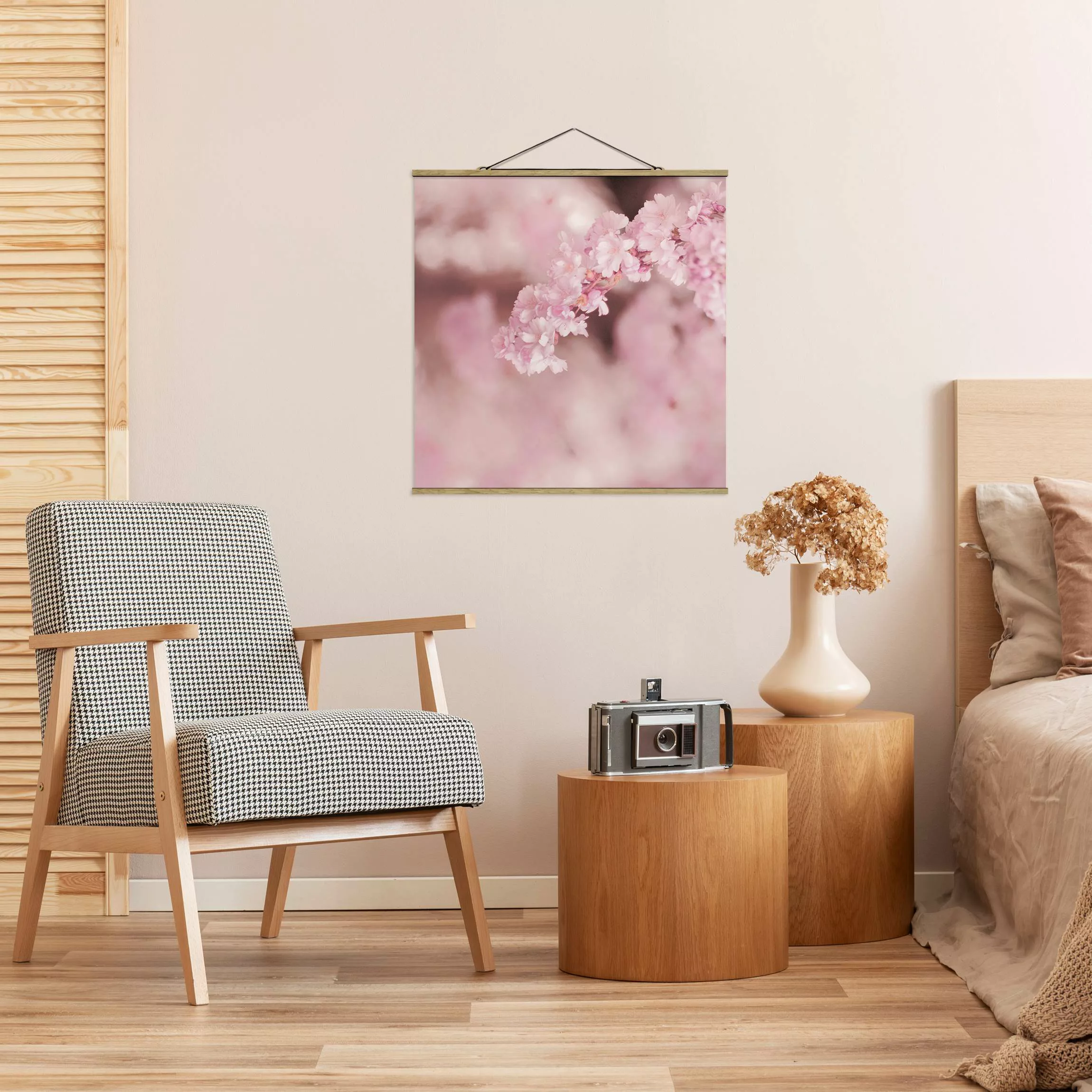 Stoffbild mit Posterleisten Kirschblüte im Violetten Licht günstig online kaufen