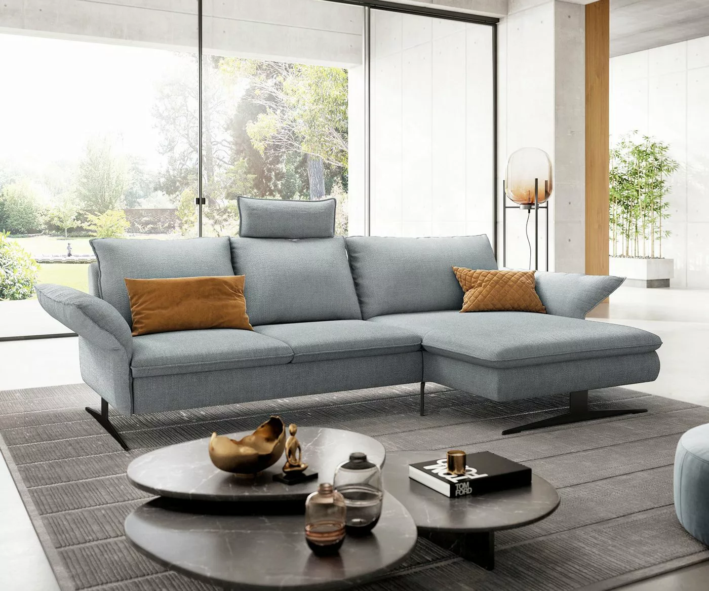 DELIFE Ecksofa Nerio, Flachgewebe Pastellblau 300 x 190 cm Recamiere rechts günstig online kaufen