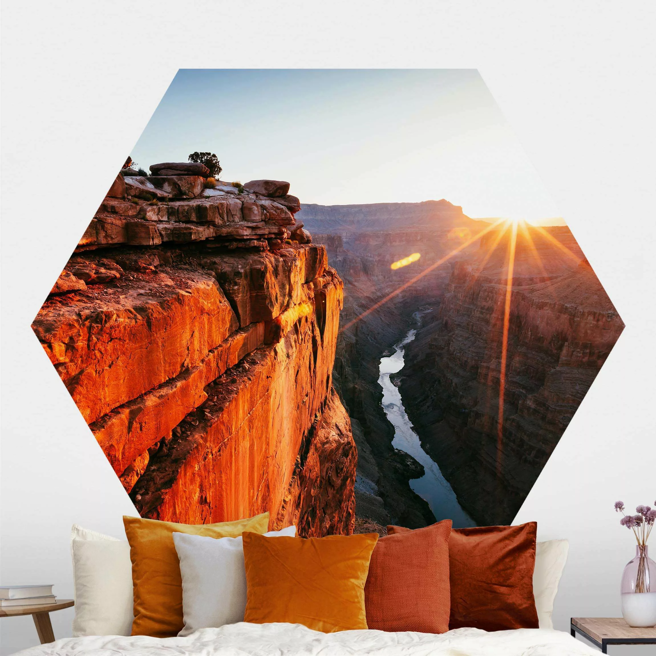 Hexagon Fototapete selbstklebend Sonne im Grand Canyon günstig online kaufen