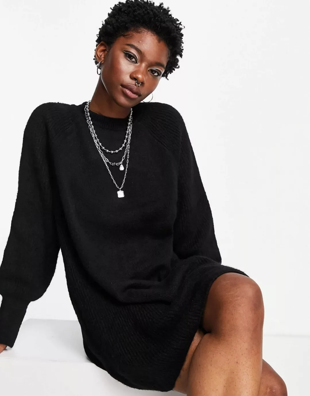 Topshop – Mini-Strickkleid mit gemischter Rippenstruktur-Schwarz günstig online kaufen