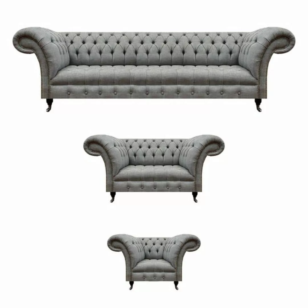 JVmoebel Chesterfield-Sofa Grau Set 3tlg Luxus Sofas Sofagarnitur Sessel Ch günstig online kaufen
