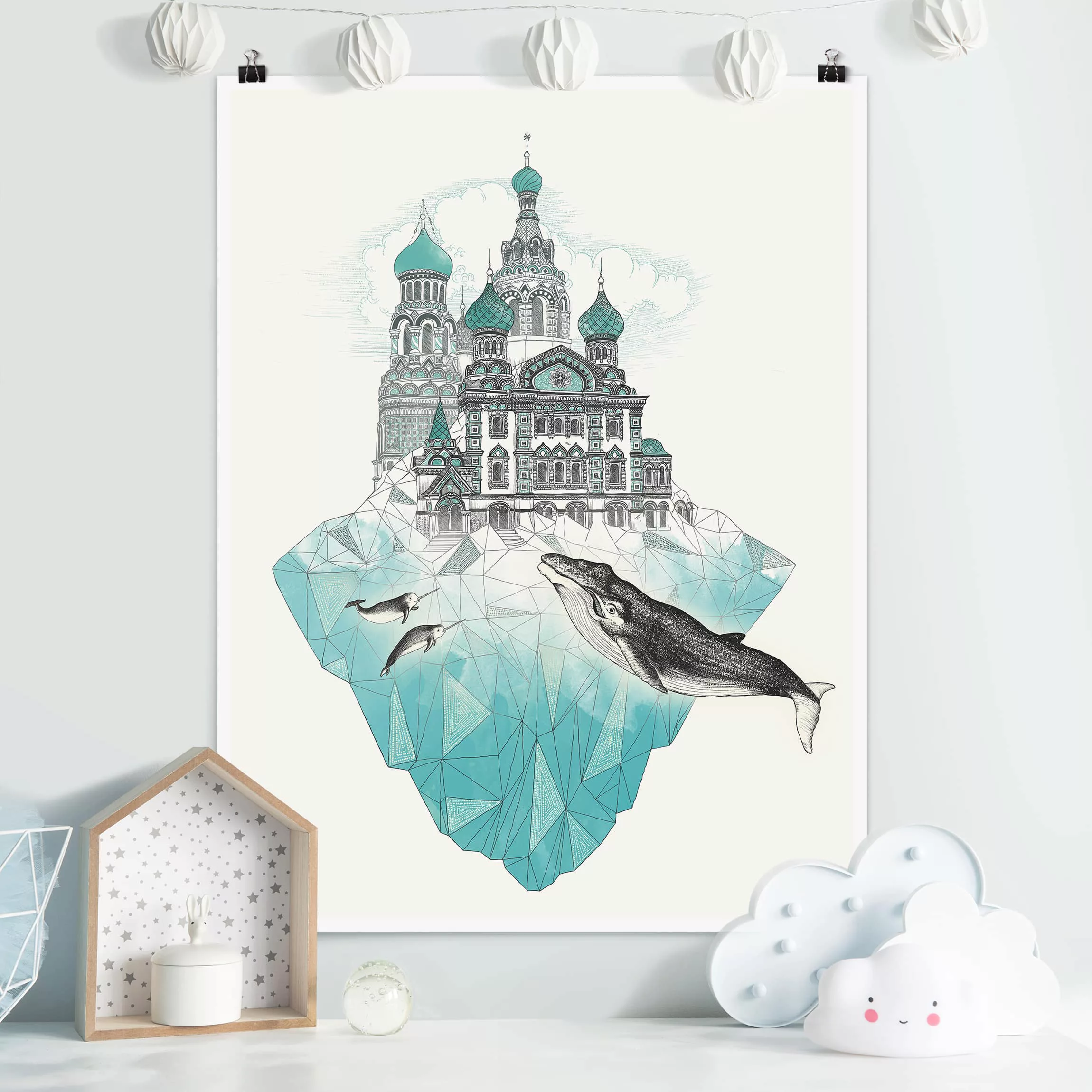 Poster Tiere - Hochformat Illustration Kirche mit Kuppeln und Wal günstig online kaufen