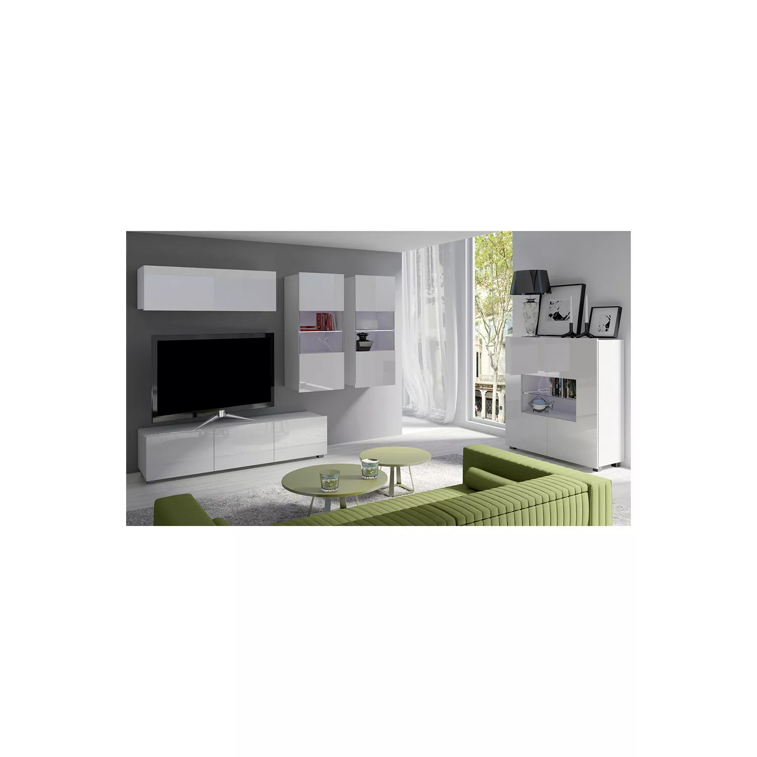 Wohnwand Set mit Couchtisch in weiß Hochglanz mit LED Beleuchtung CAIRNS-13 günstig online kaufen