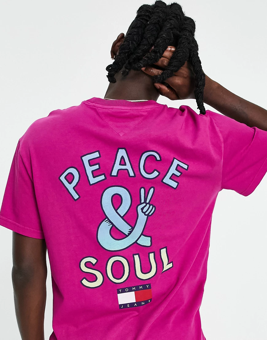 Tommy Jeans – Locker geschnittenes T-Shirt in Rosa mit „Peace and Soul“-Pri günstig online kaufen