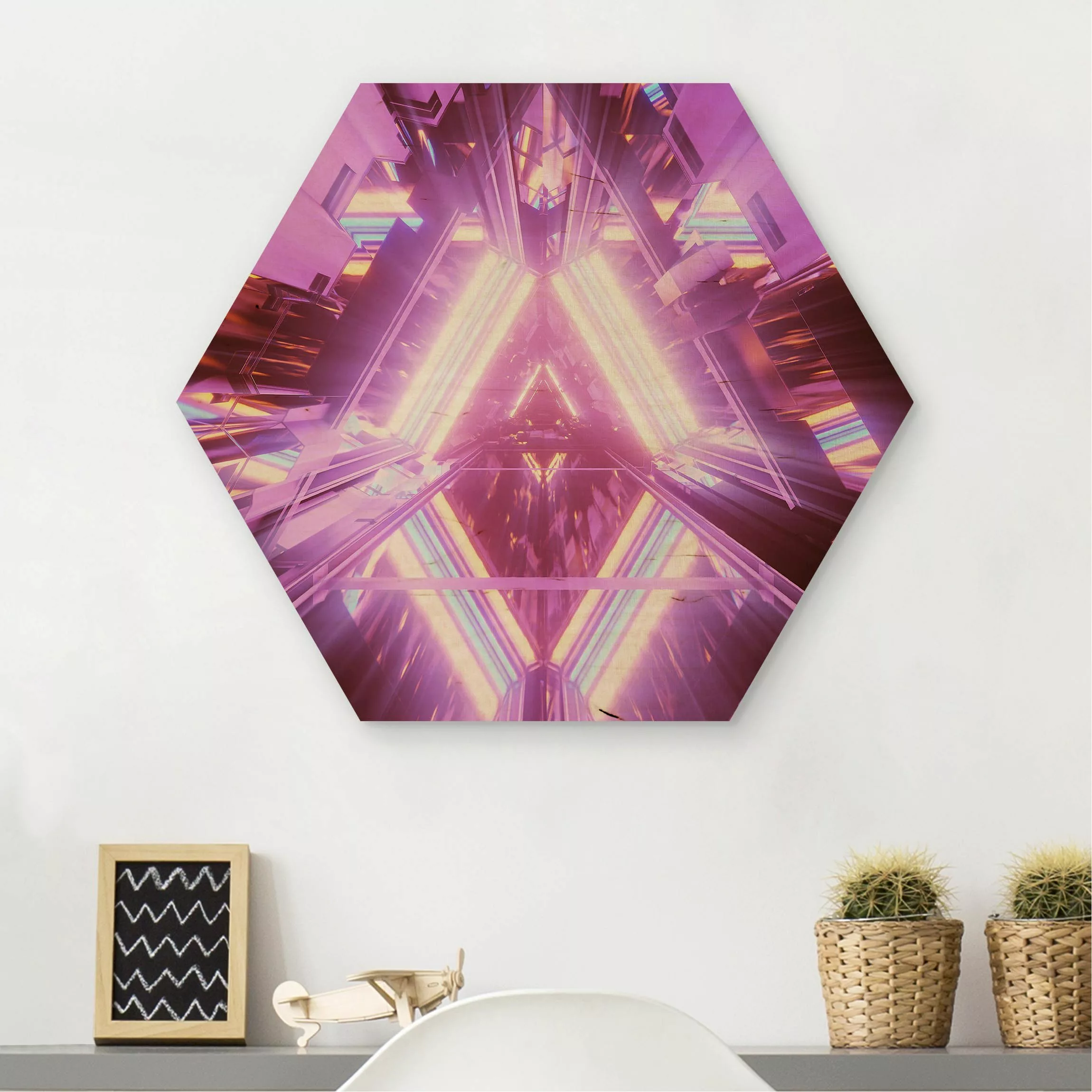 Hexagon-Holzbild Neonlichter im Dreieck günstig online kaufen
