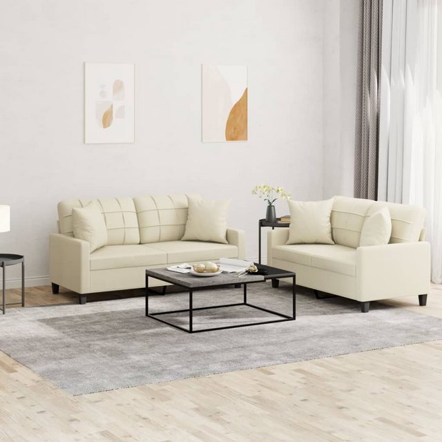 vidaXL Sofa 2-tlg. Sofagarnitur mit Kissen Creme Kunstleder günstig online kaufen