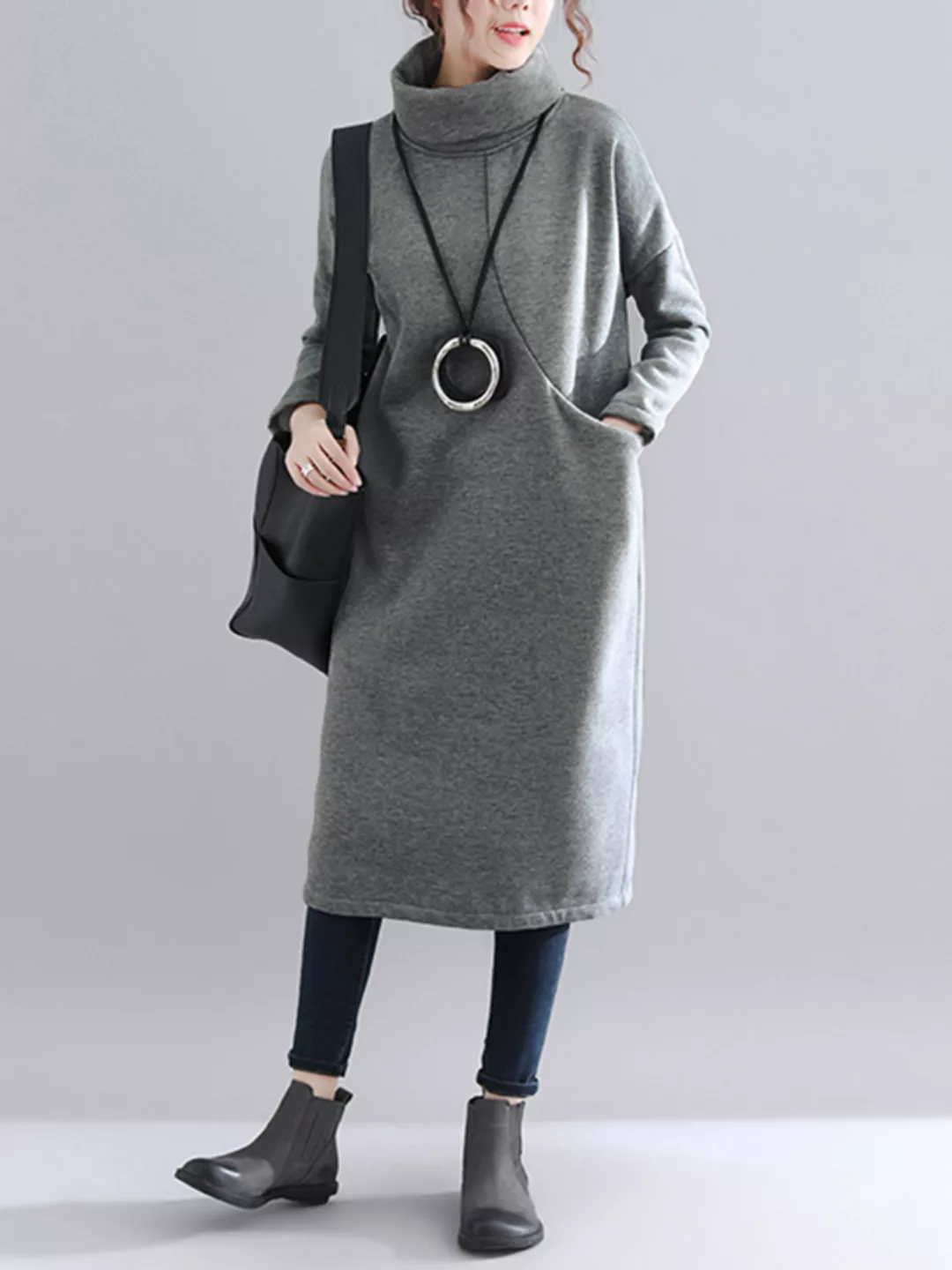 Lässige einfarbige Rollkragenpullover Einzeltaschen Winter Kleid günstig online kaufen