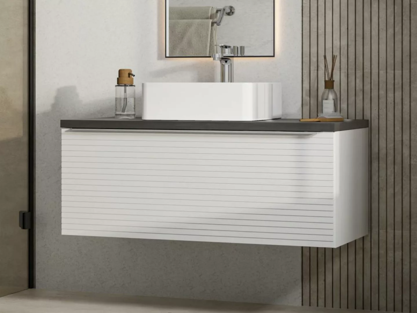 Waschbeckenunterschrank hängend mit Einzelwaschbecken - B. 90 cm - Weiß ges günstig online kaufen