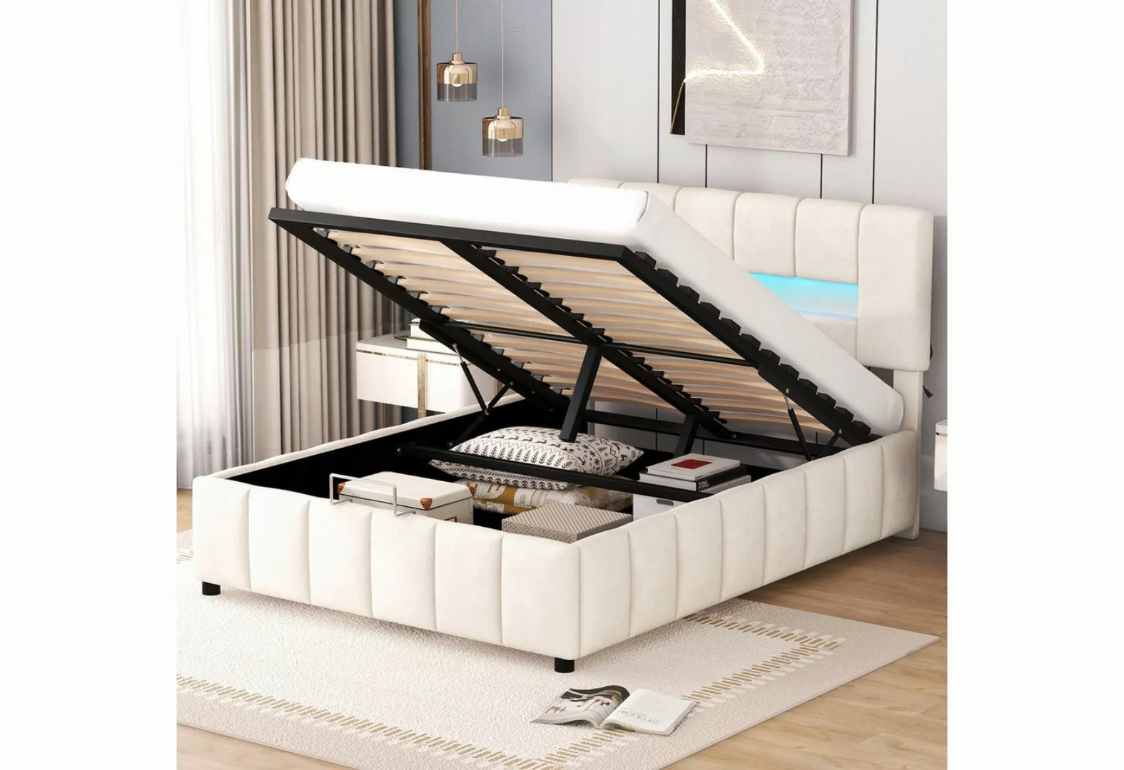 Celya Polsterbett Bettgestell 140x200cm mit LED-Beleuchtung und Bettkasten, günstig online kaufen